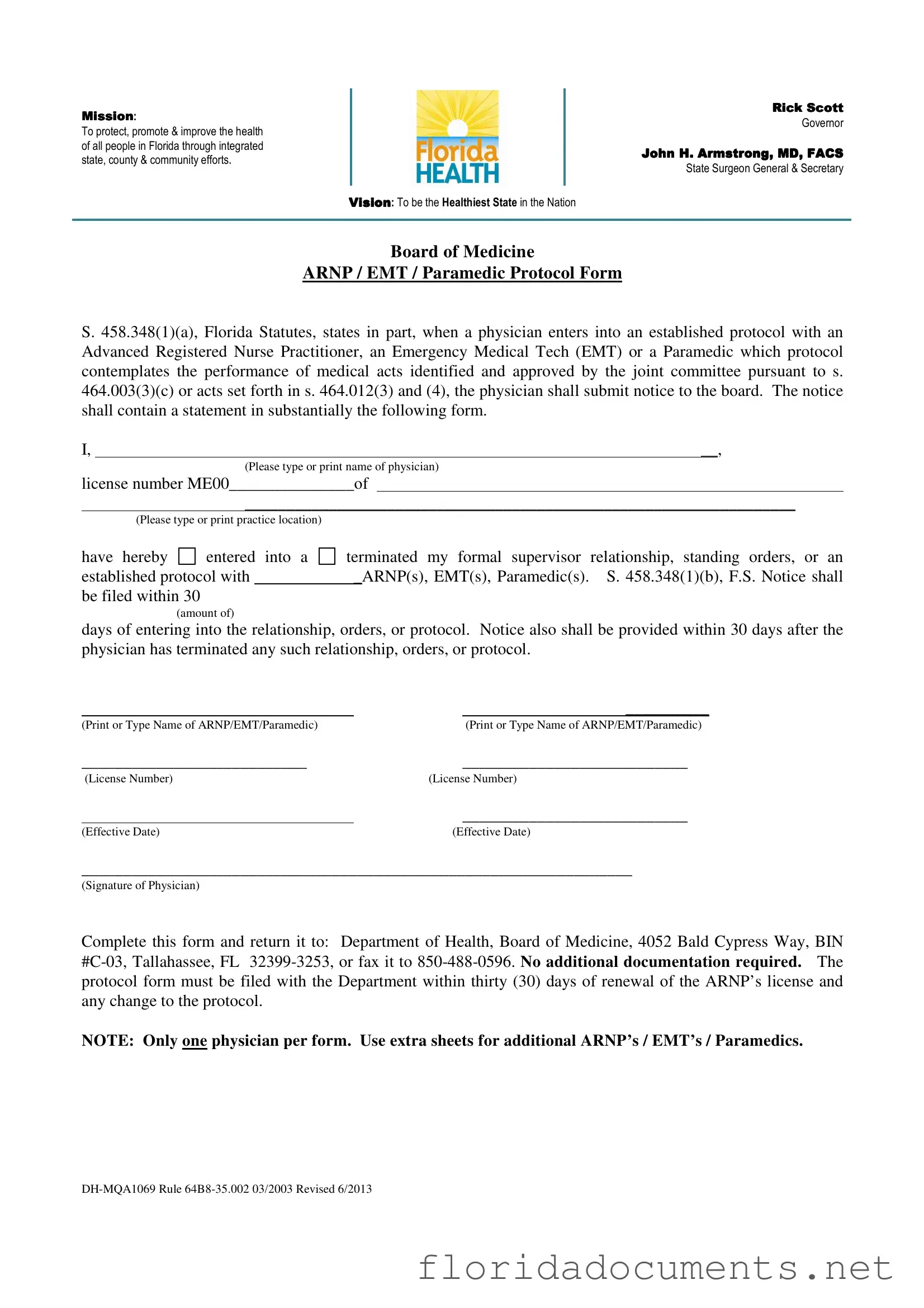 Fill in a Valid Arnp Florida Protocol Form