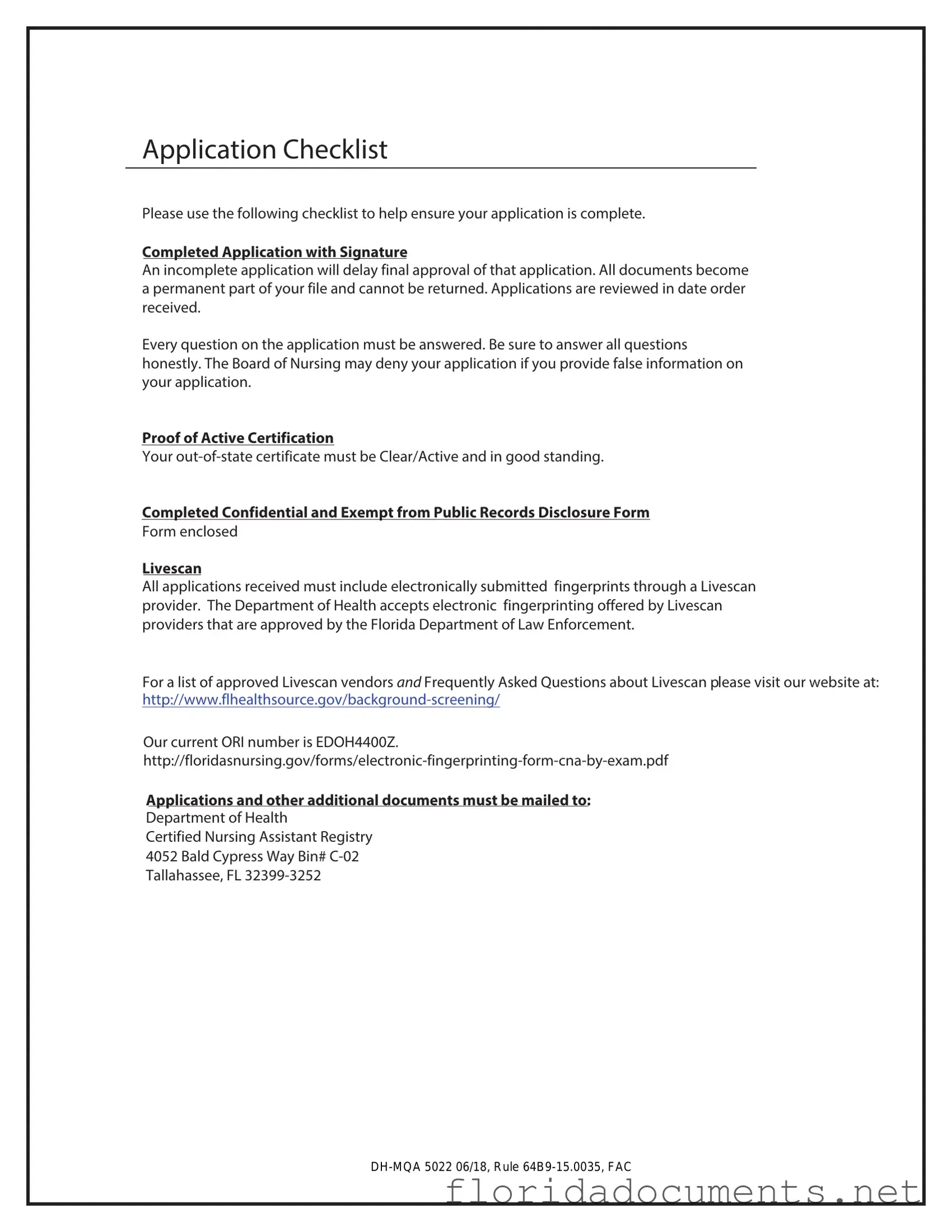 Fill in a Valid Cna License To Florida Form