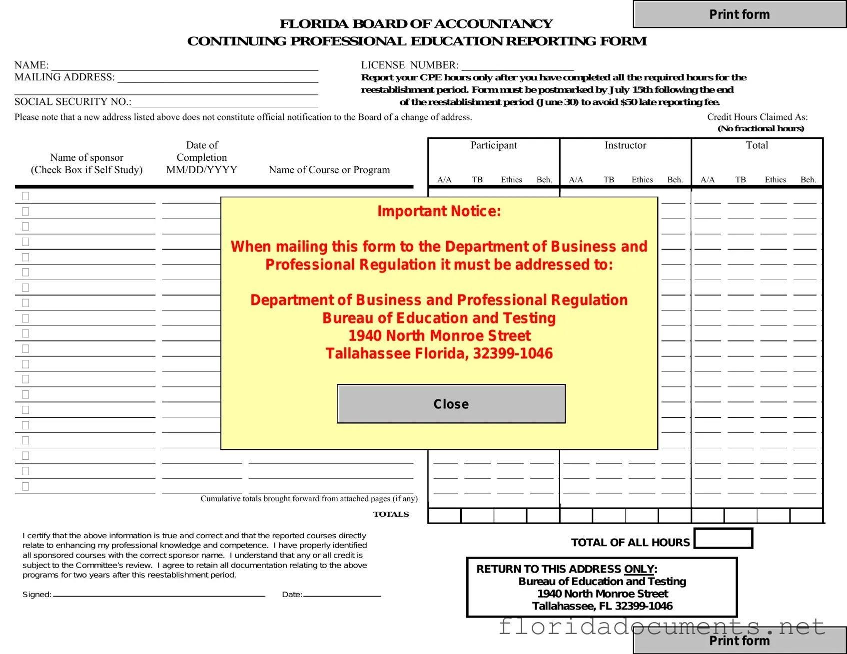 Fill in a Valid Cpe Reporting Florida Form