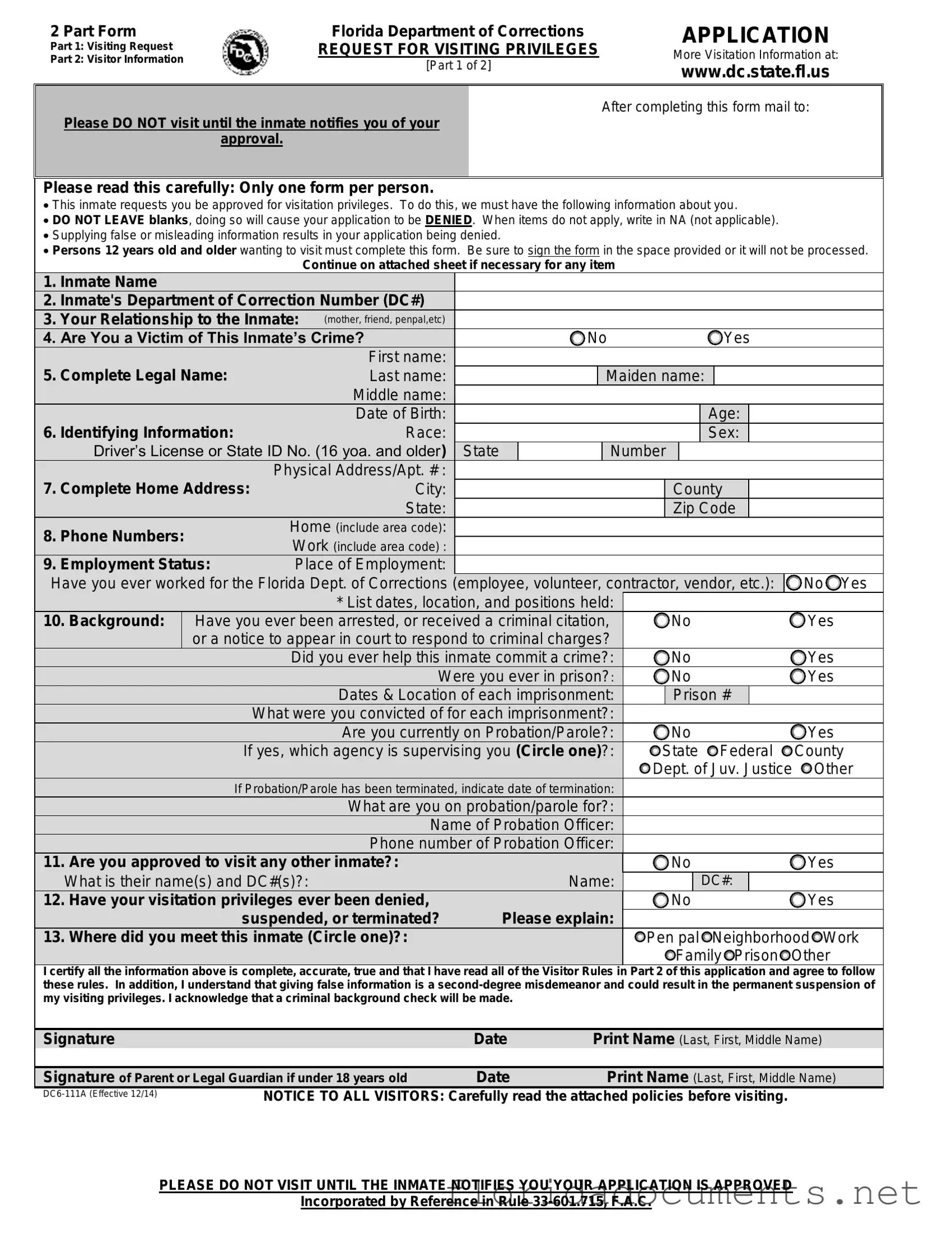 Fill in a Valid Department Of Corrections Visitation Florida Form