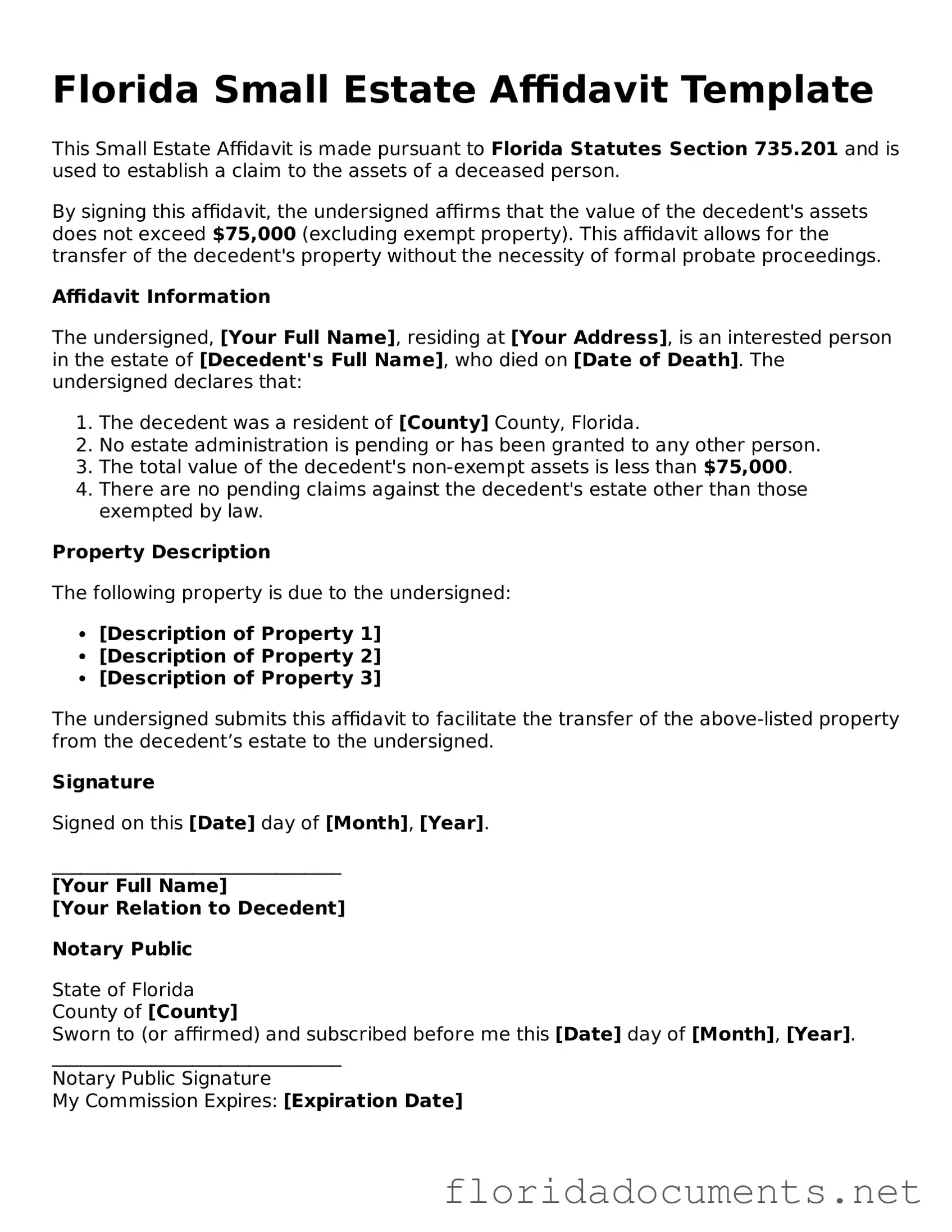 Free  Small Estate Affidavit Document for Florida
