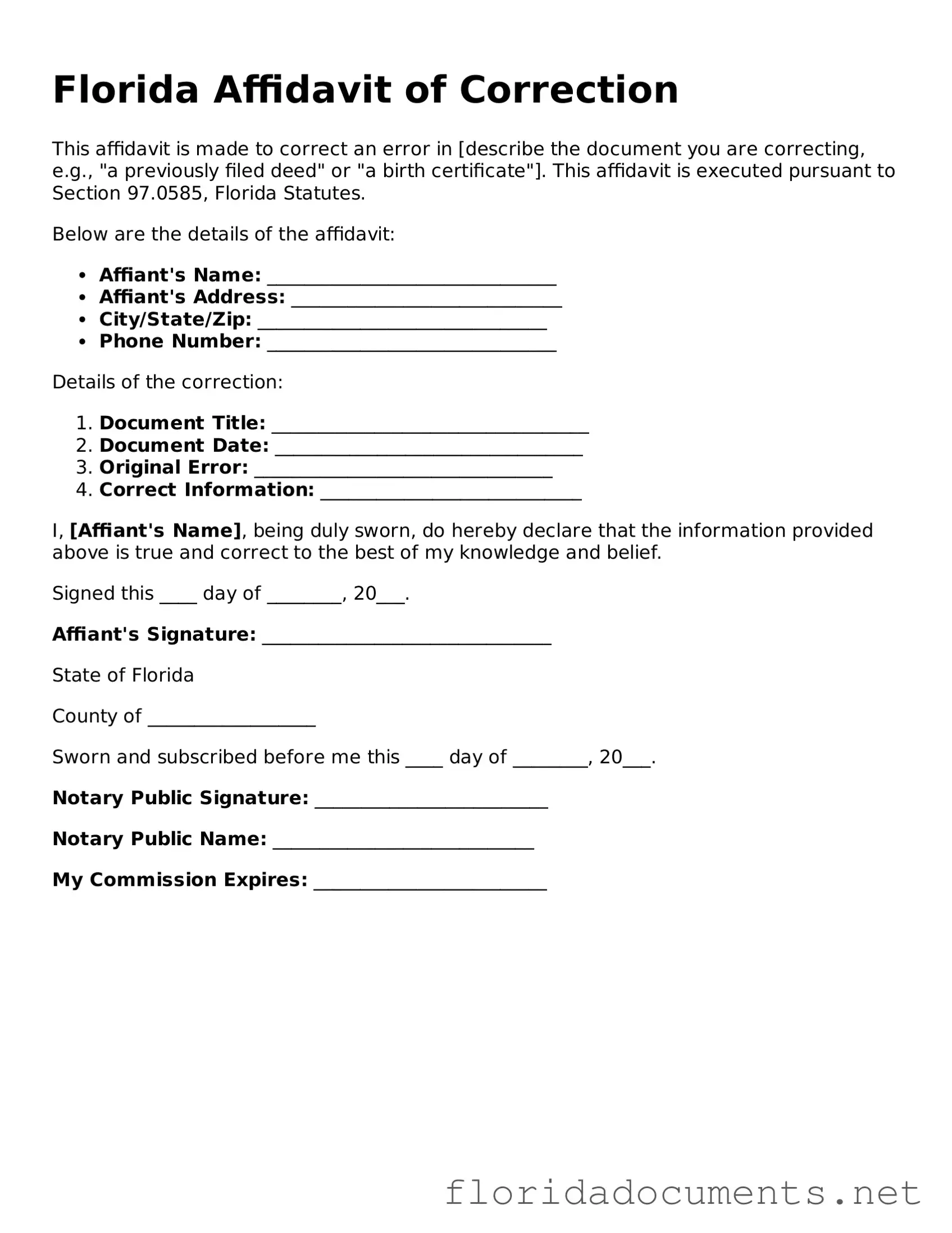 Free  Affidavit of Correction Document for Florida