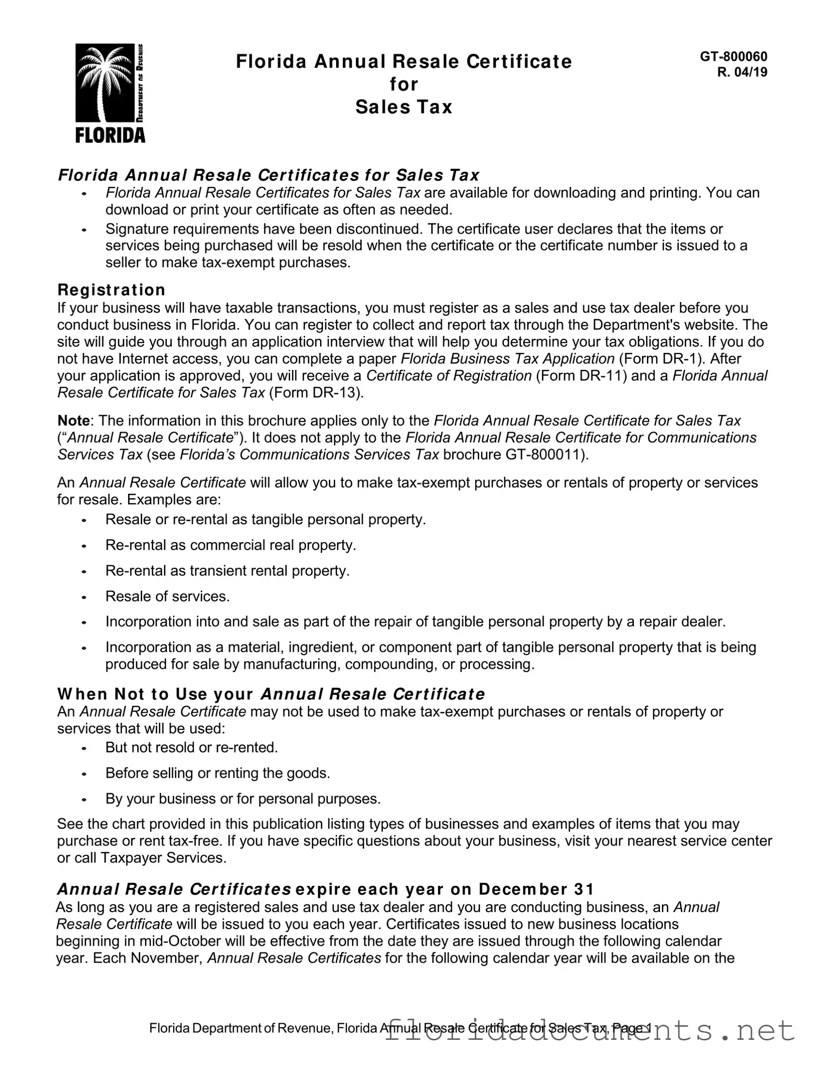 Fill in a Valid Florida Annual Resale Certificate Form