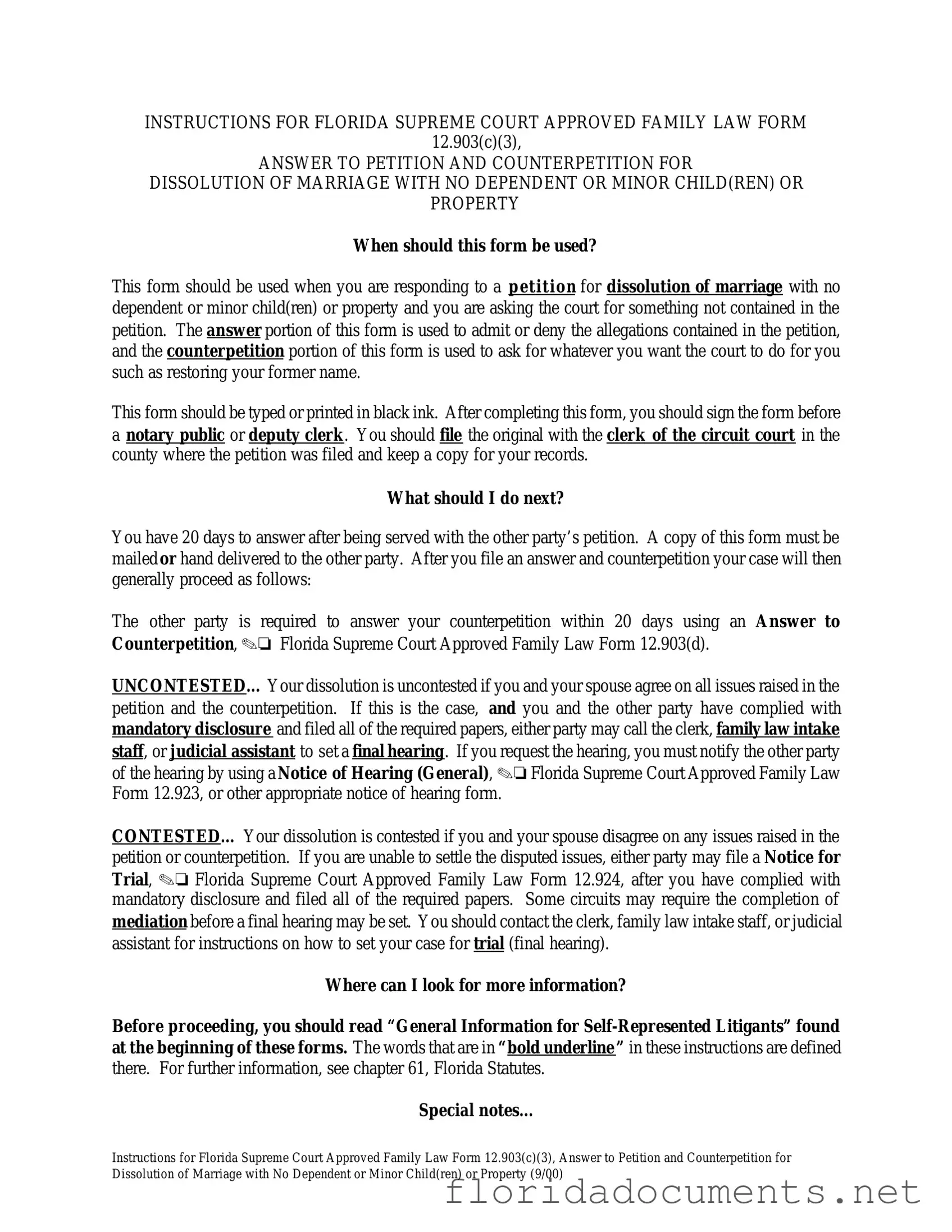 Fill in a Valid Florida Answer to Petition and Counterpetition for Dissolution of Marriage Form
