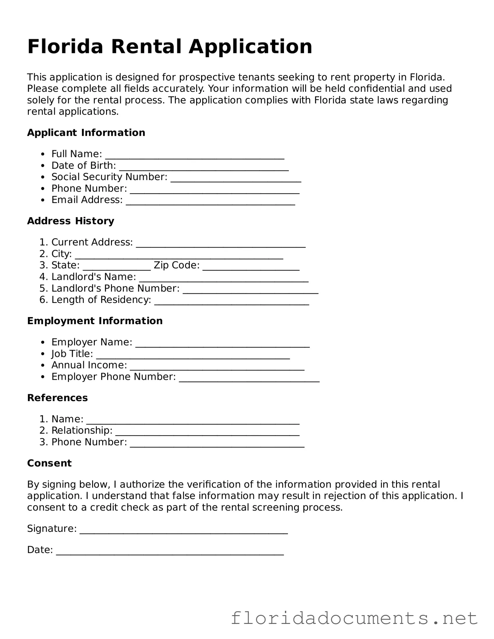 Free  Rental Application Document for Florida