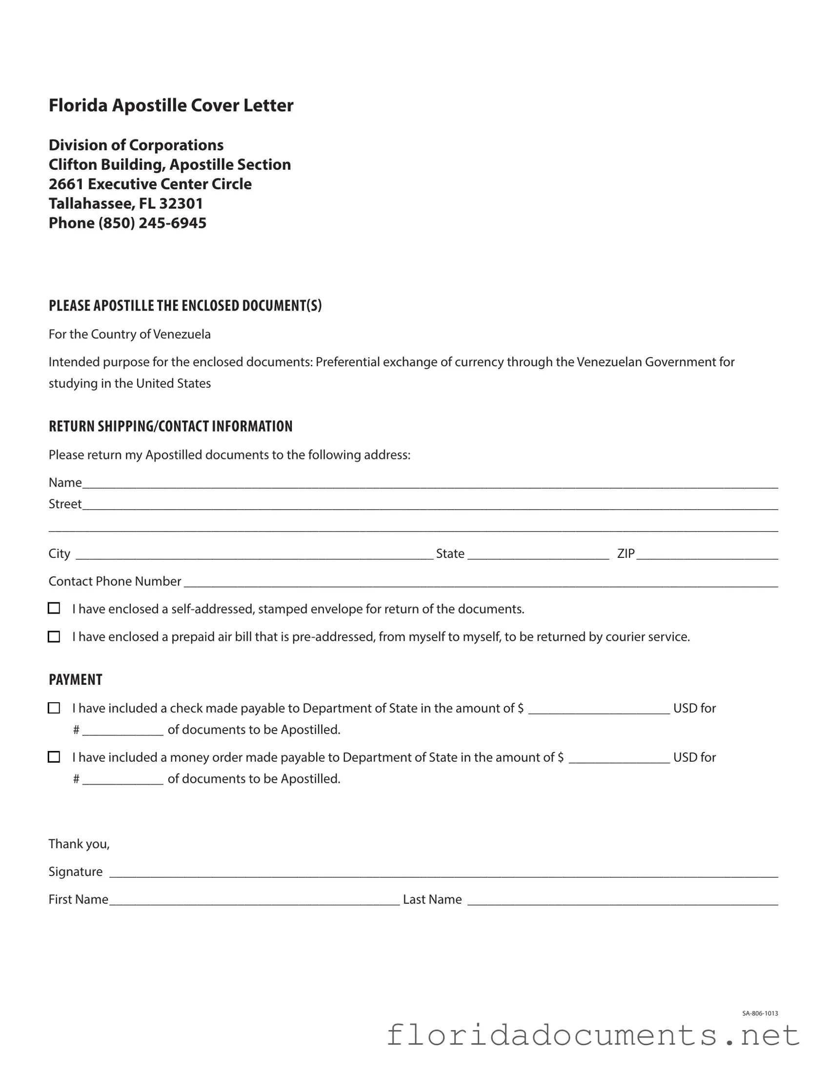 Fill in a Valid Florida Apostille Cover Letter Sample Form