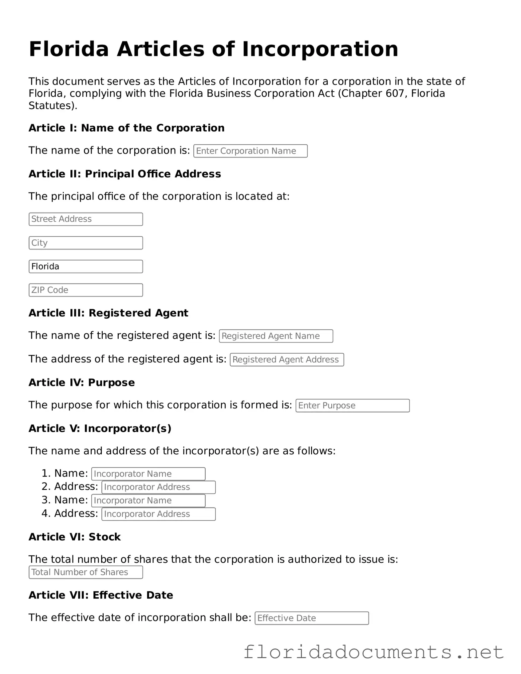 Free  Articles of Incorporation Document for Florida