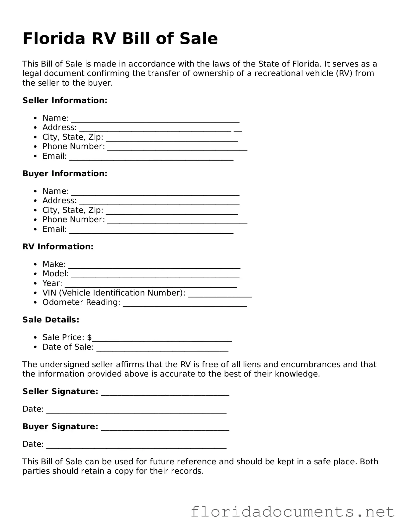 Free  RV Bill of Sale Document for Florida