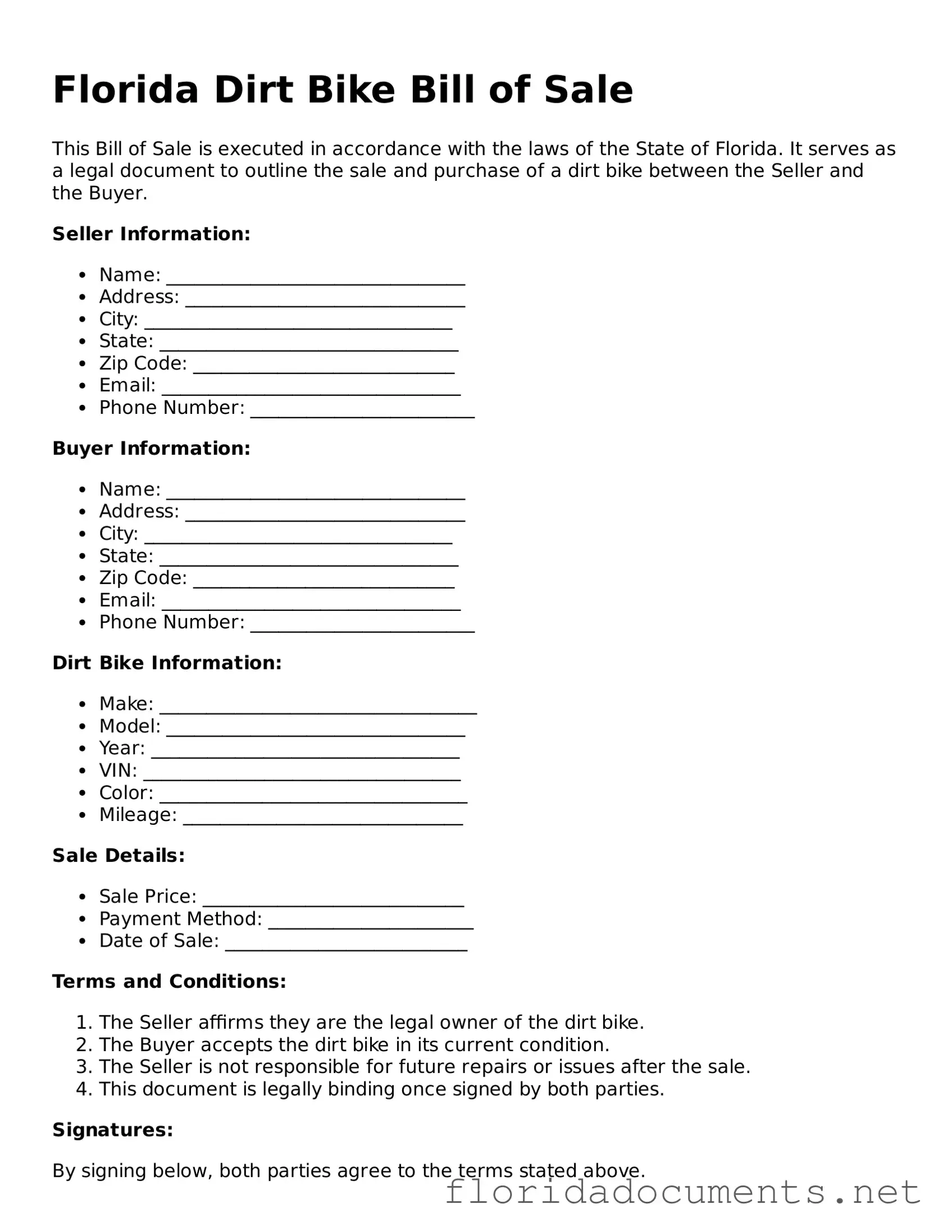 Free  Dirt Bike Bill of Sale Document for Florida