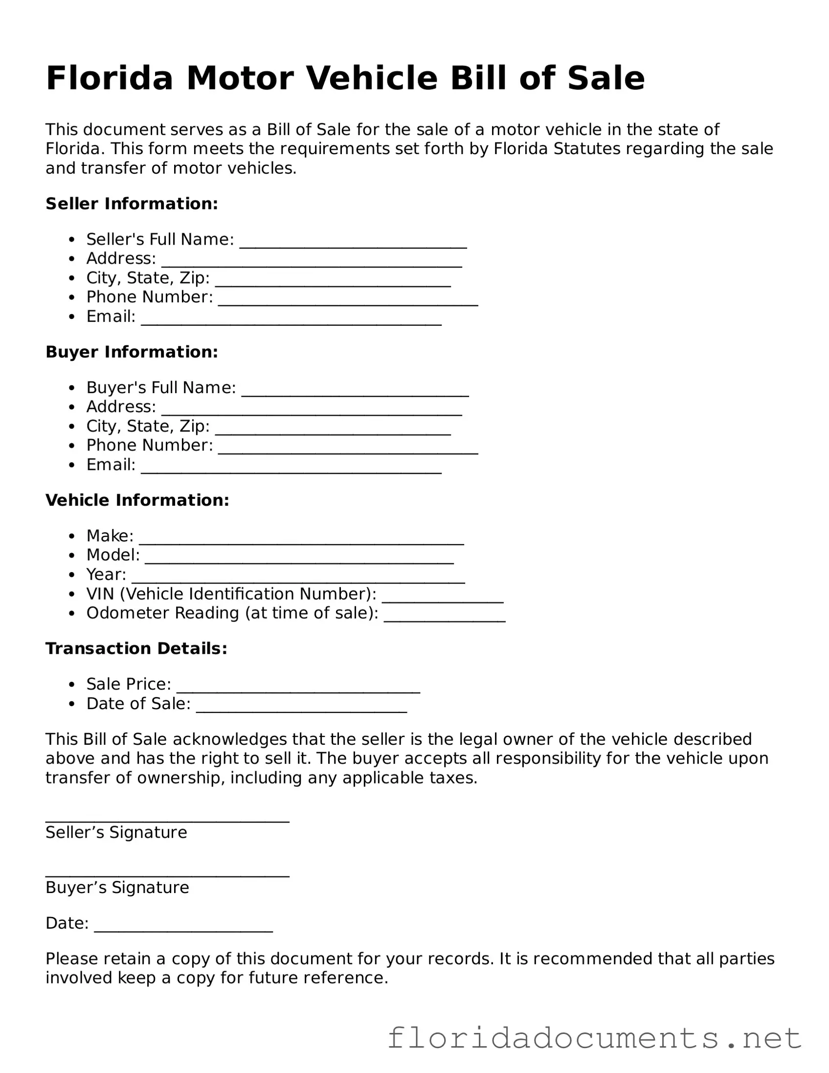Free  Motor Vehicle Bill of Sale Document for Florida