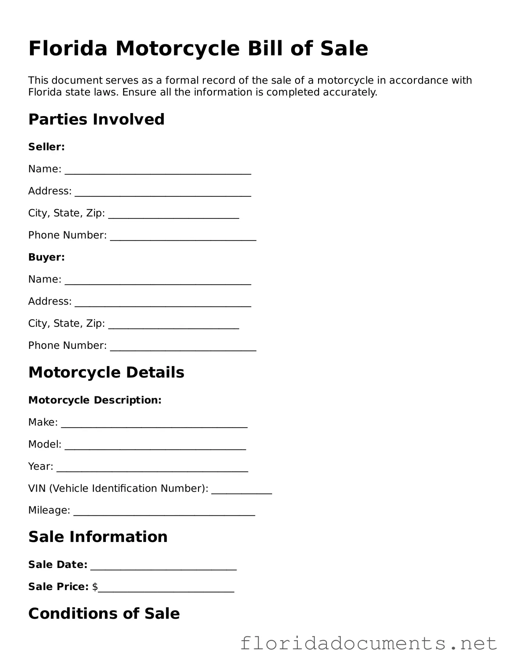 Free  Motorcycle Bill of Sale Document for Florida