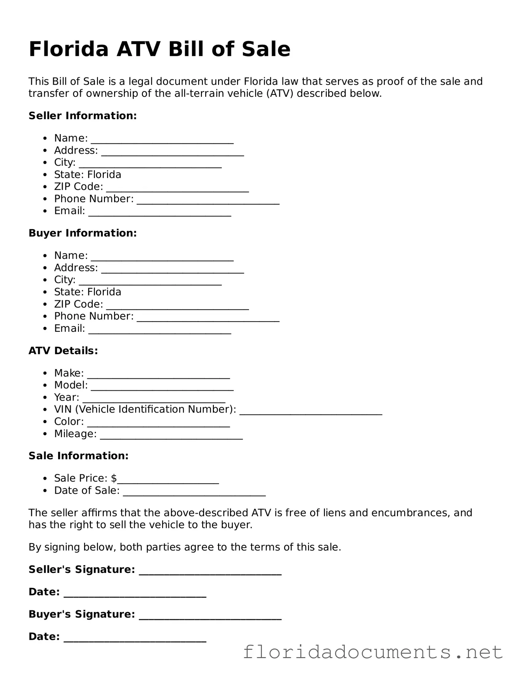 Free  ATV Bill of Sale Document for Florida