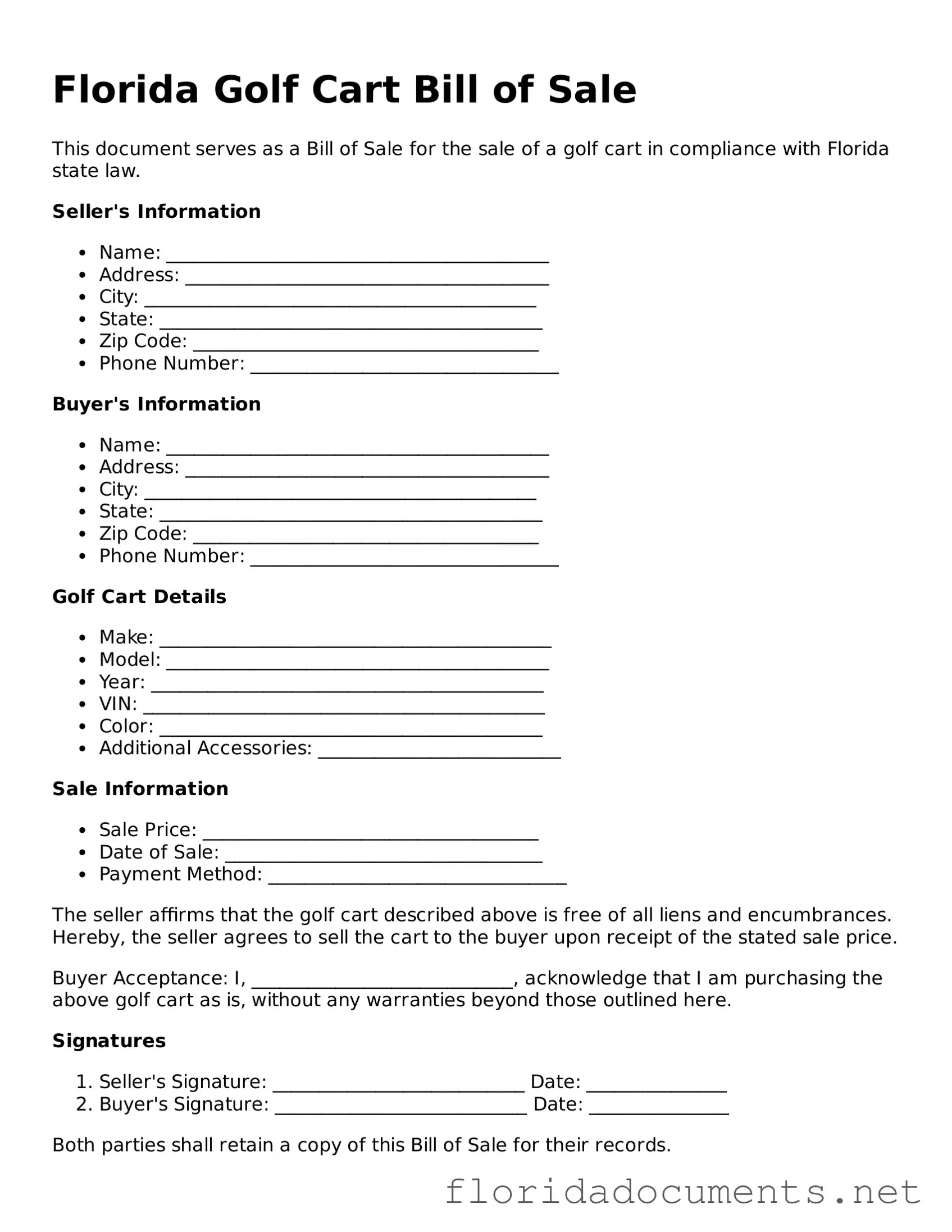 Free  Golf Cart Bill of Sale Document for Florida