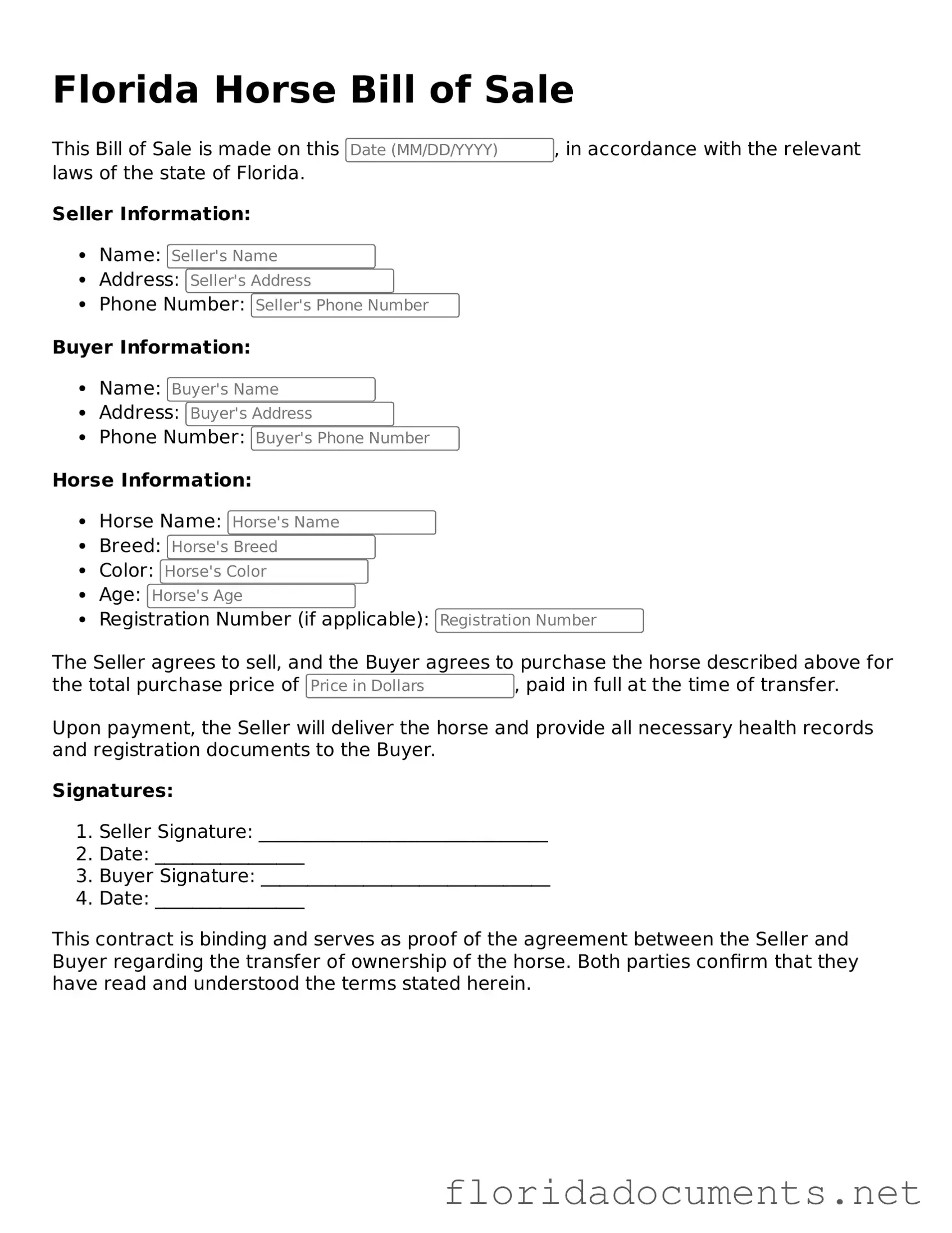 Free  Horse Bill of Sale Document for Florida