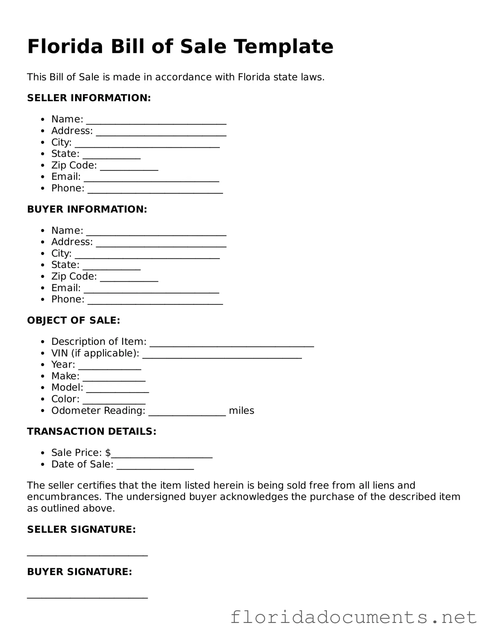 Free  Bill of Sale Document for Florida