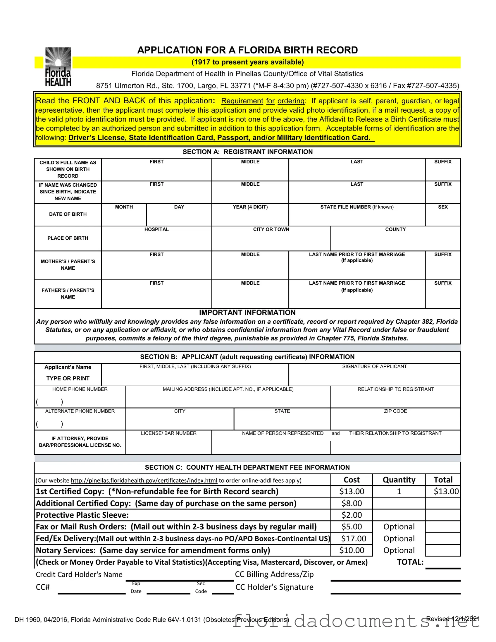 Fill in a Valid Florida Birth Certificate Form