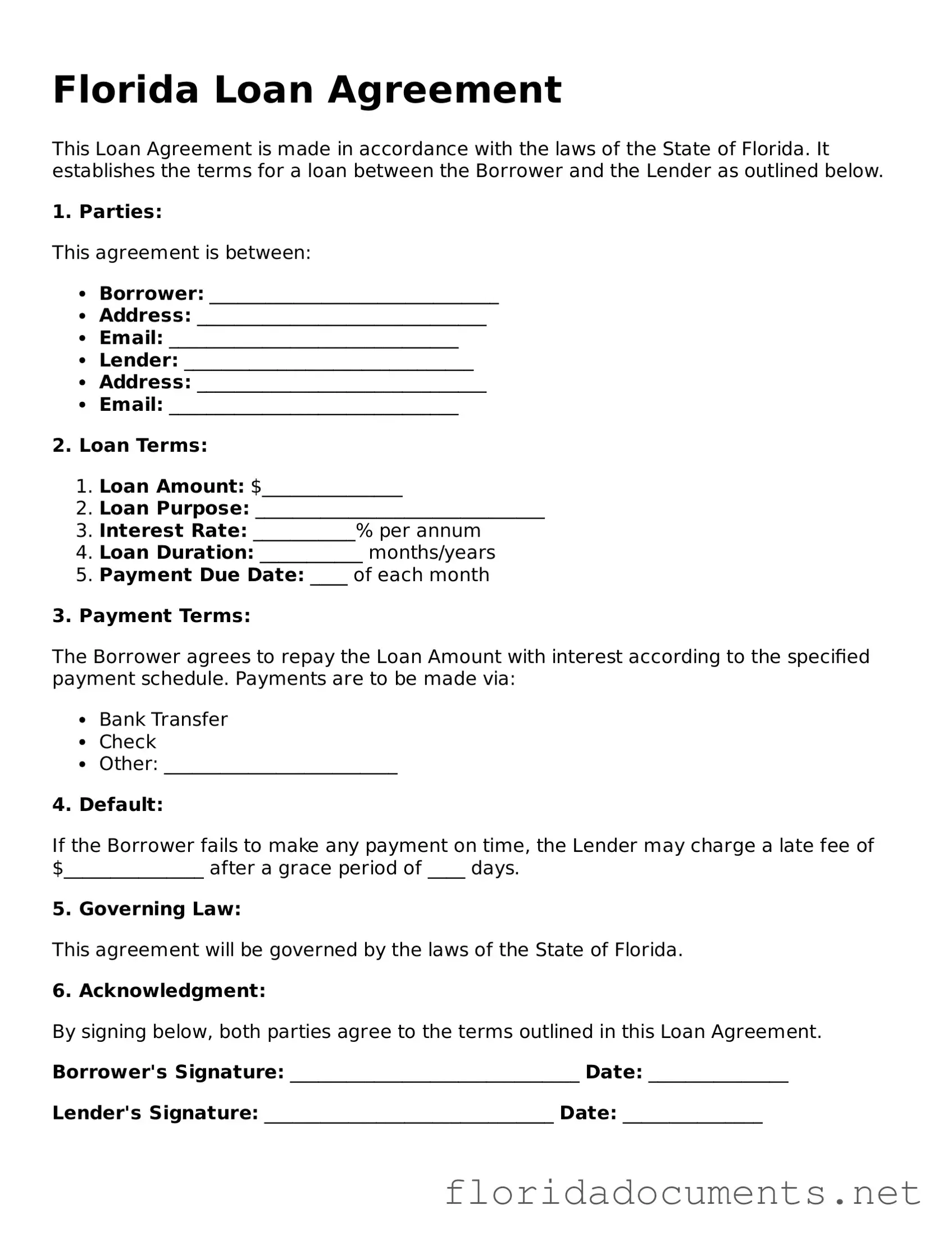 Free  Loan Agreement Document for Florida