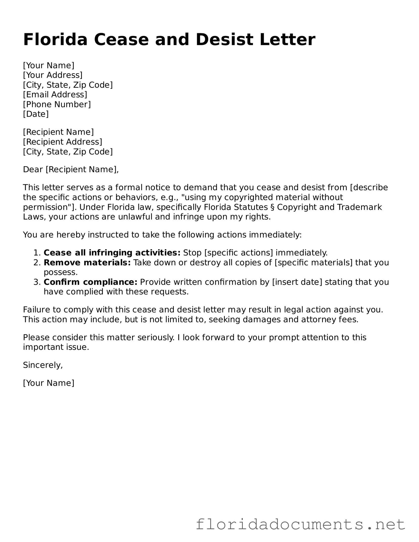 Free  Cease and Desist Letter Document for Florida