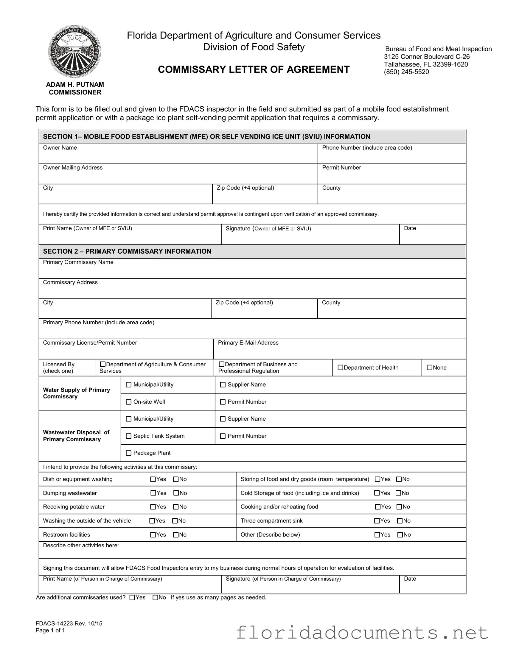 Fill in a Valid Florida Commissary Letter Of Agreement Form