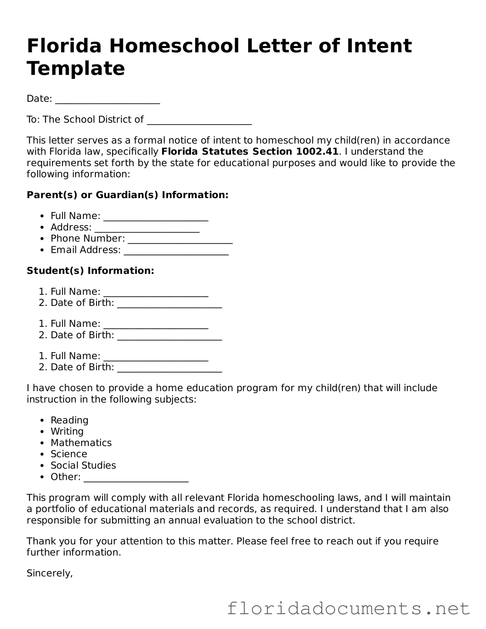 Free  Homeschool Letter of Intent Document for Florida