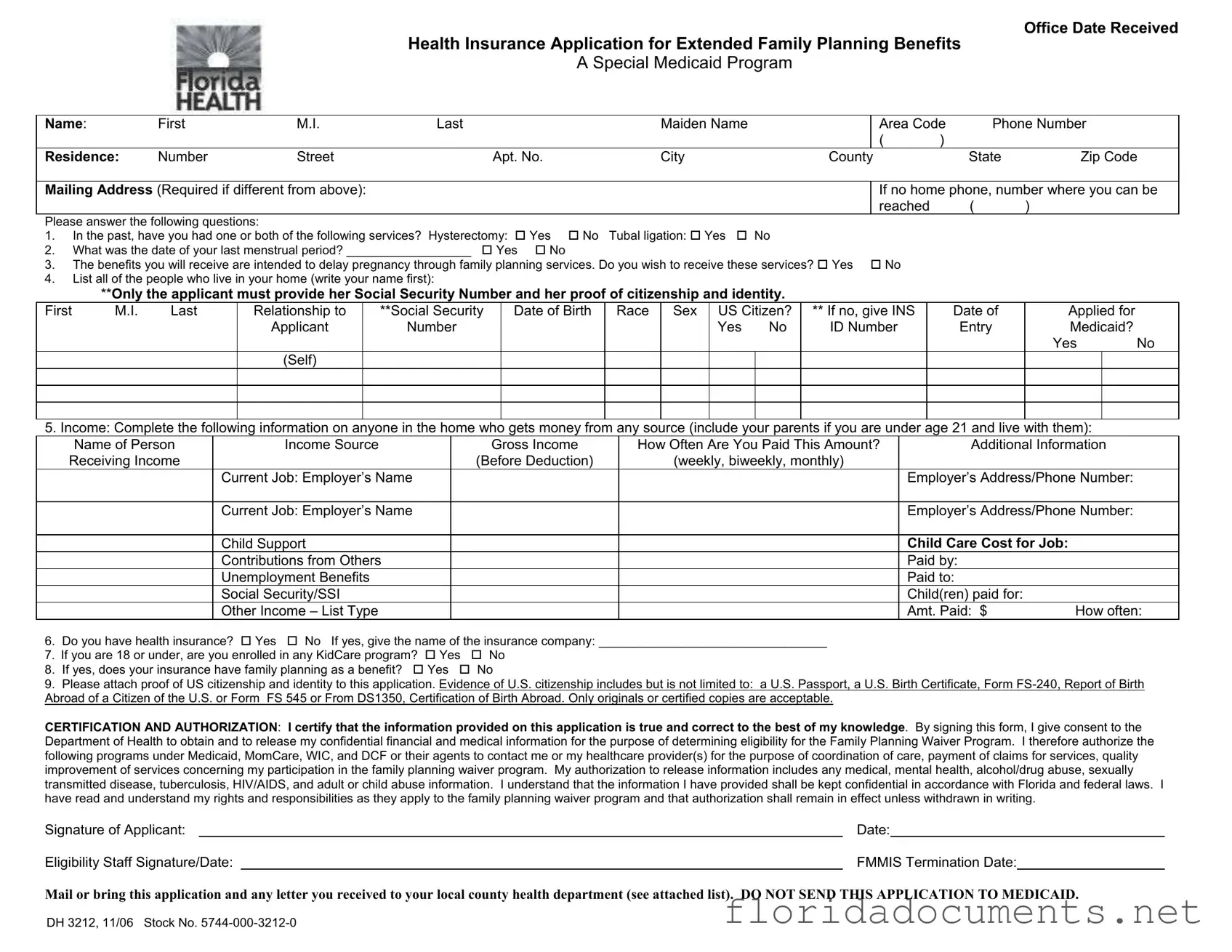 Fill in a Valid Florida Dh 3212 Form