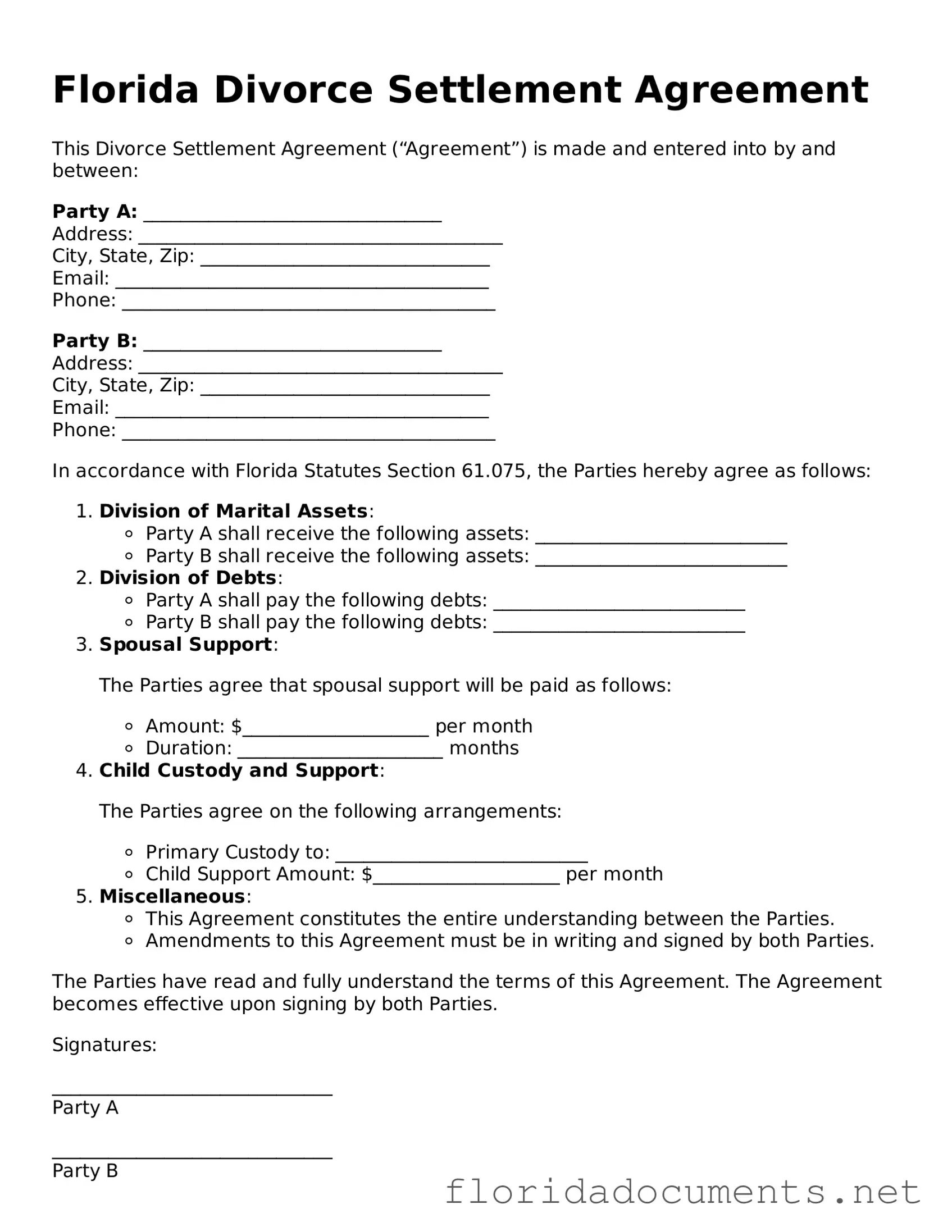 Free  Divorce Settlement Agreement Document for Florida
