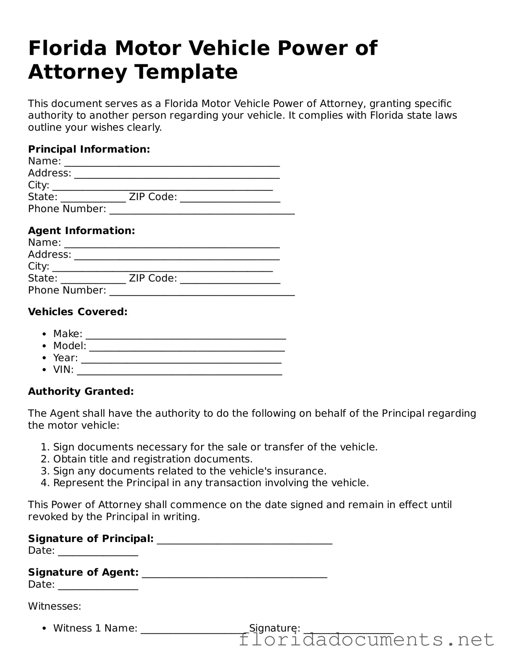 Free  Motor Vehicle Power of Attorney Document for Florida