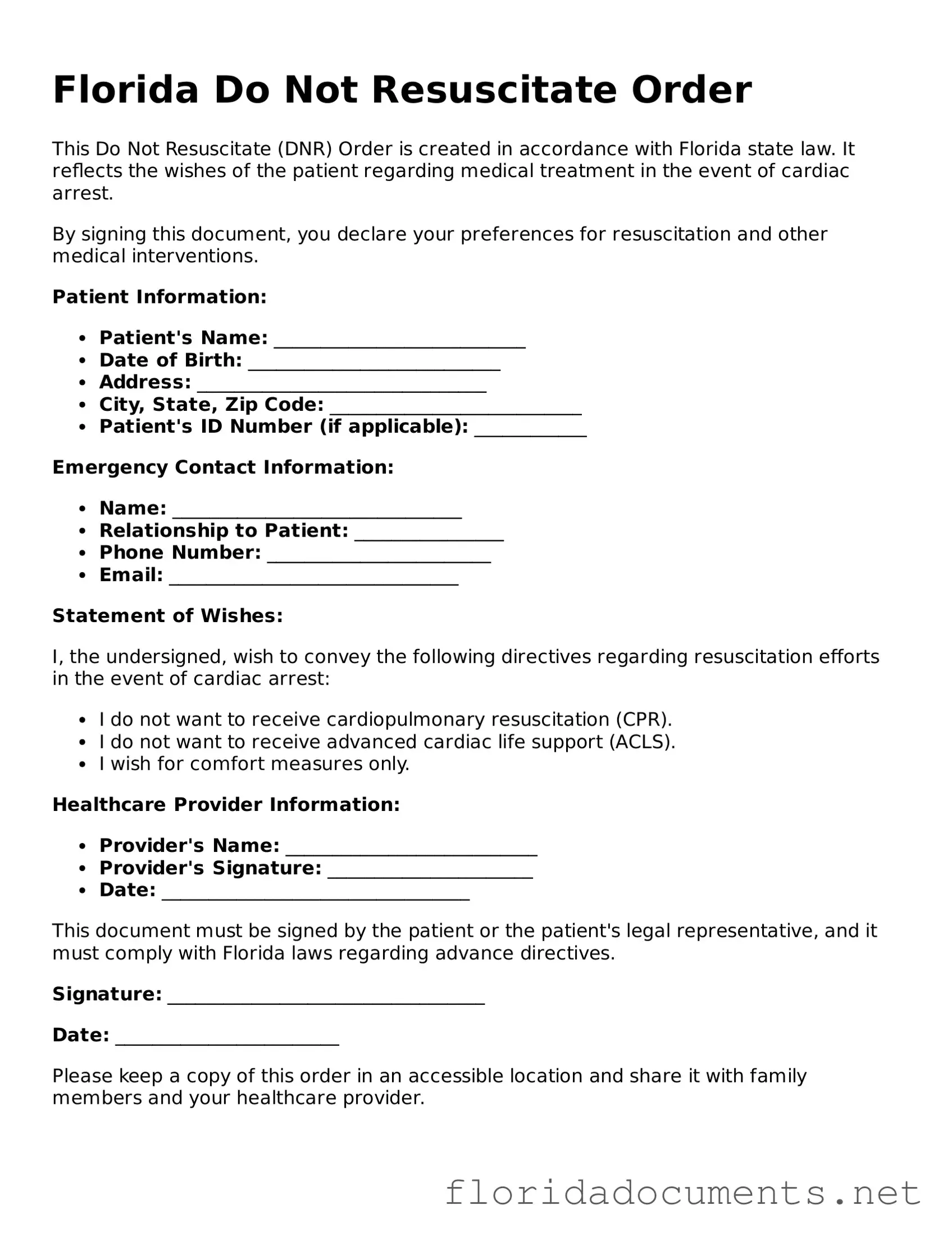 Free  Do Not Resuscitate Order Document for Florida
