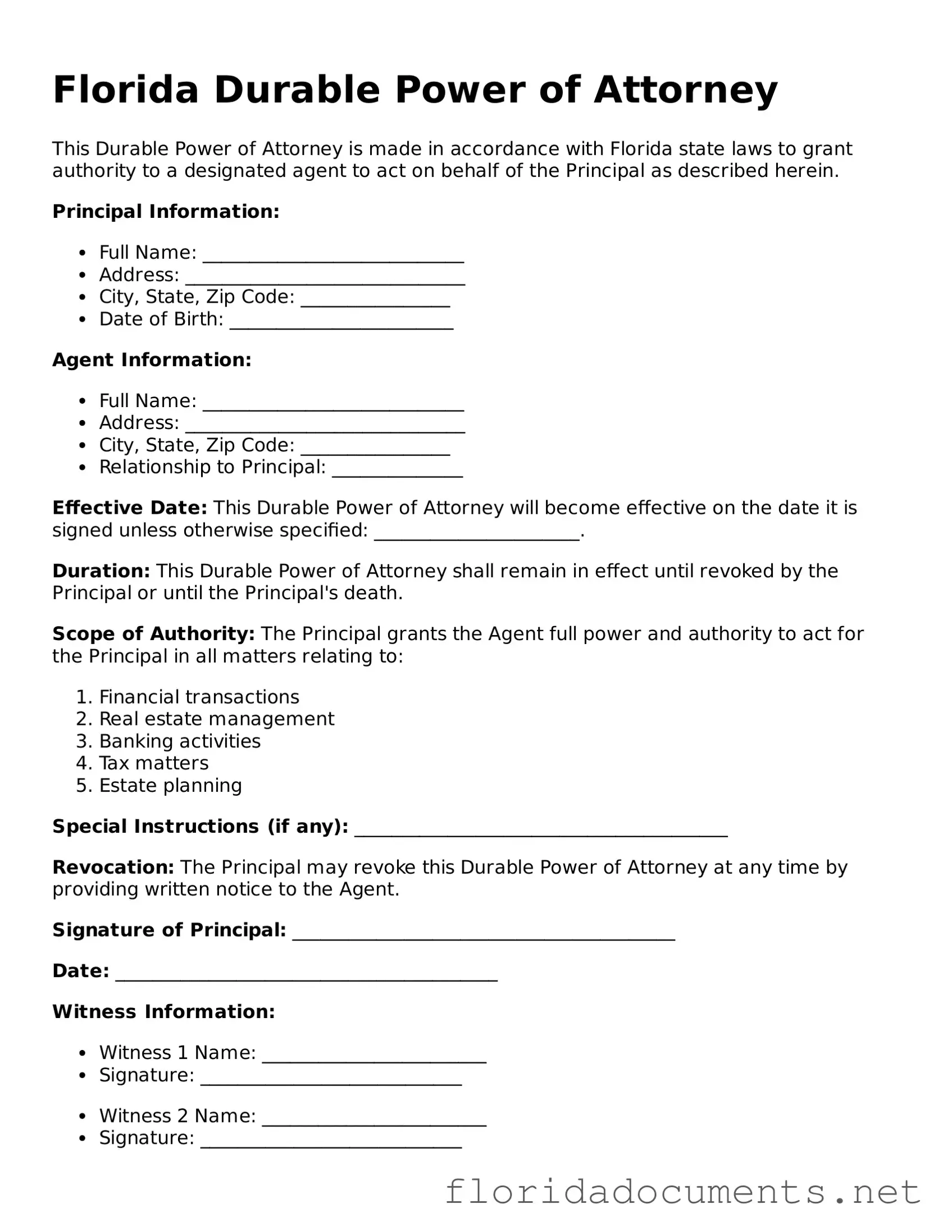 Free  Durable Power of Attorney Document for Florida