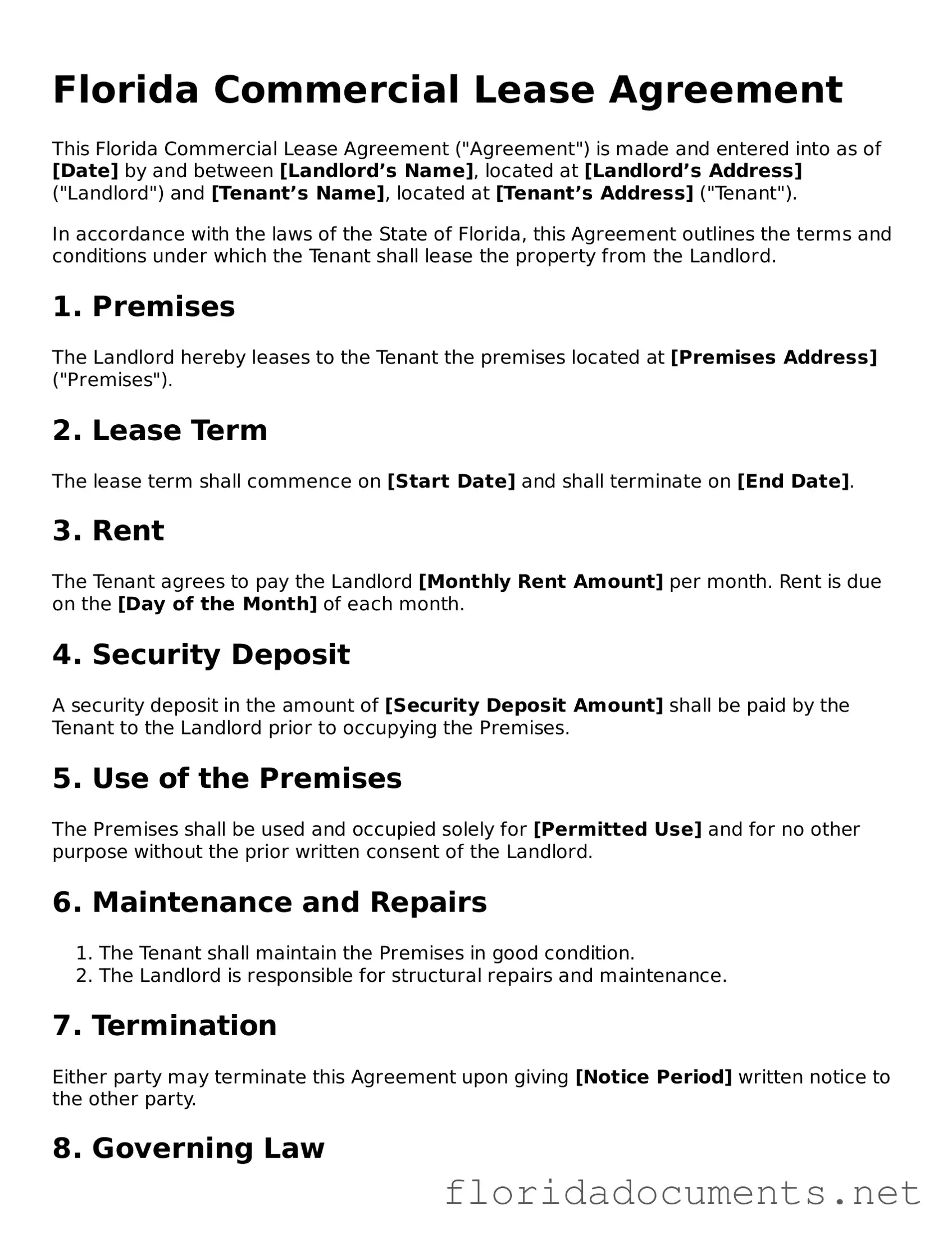 Free  Commercial Lease Agreement Document for Florida