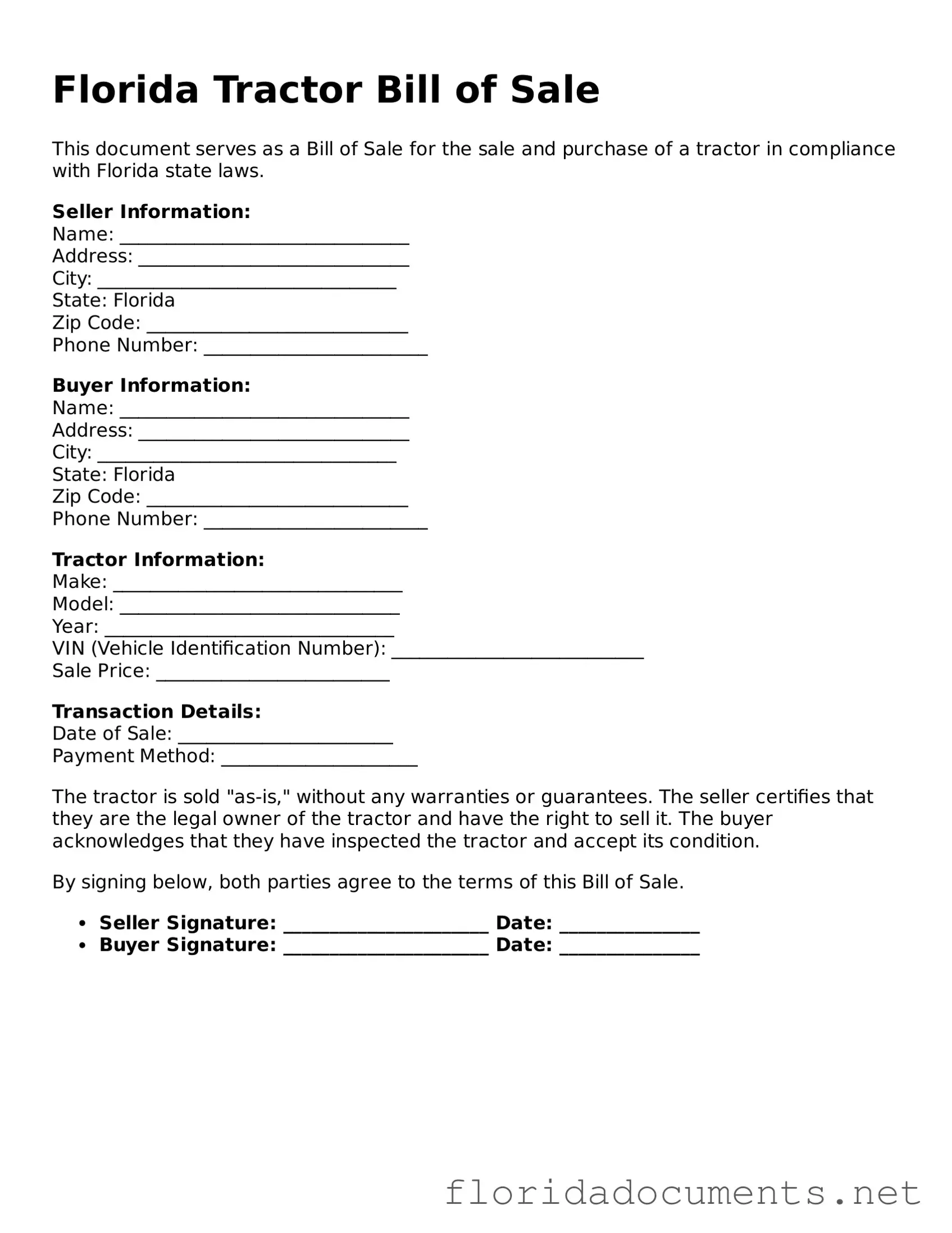 Free  Tractor Bill of Sale Document for Florida