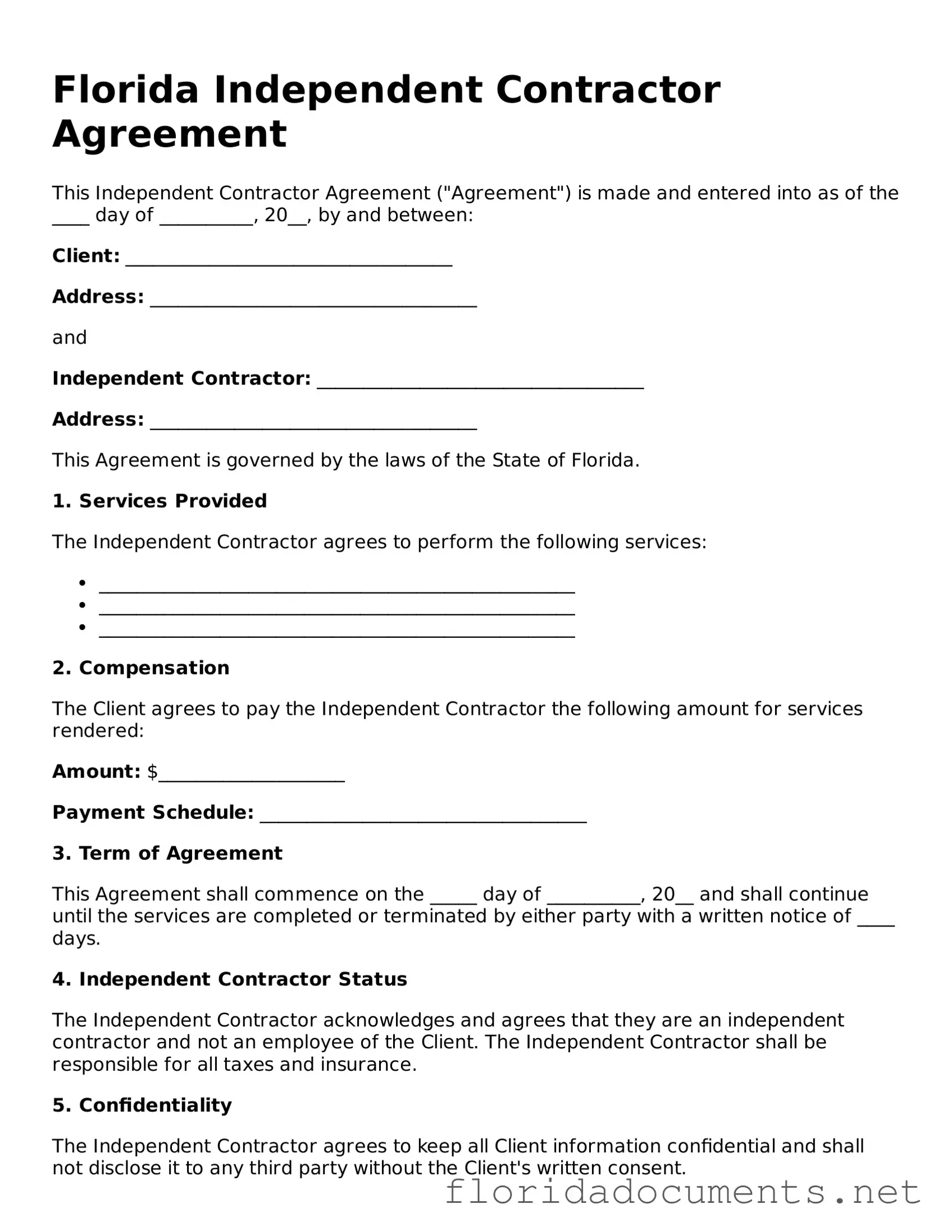Free  Independent Contractor Agreement Document for Florida