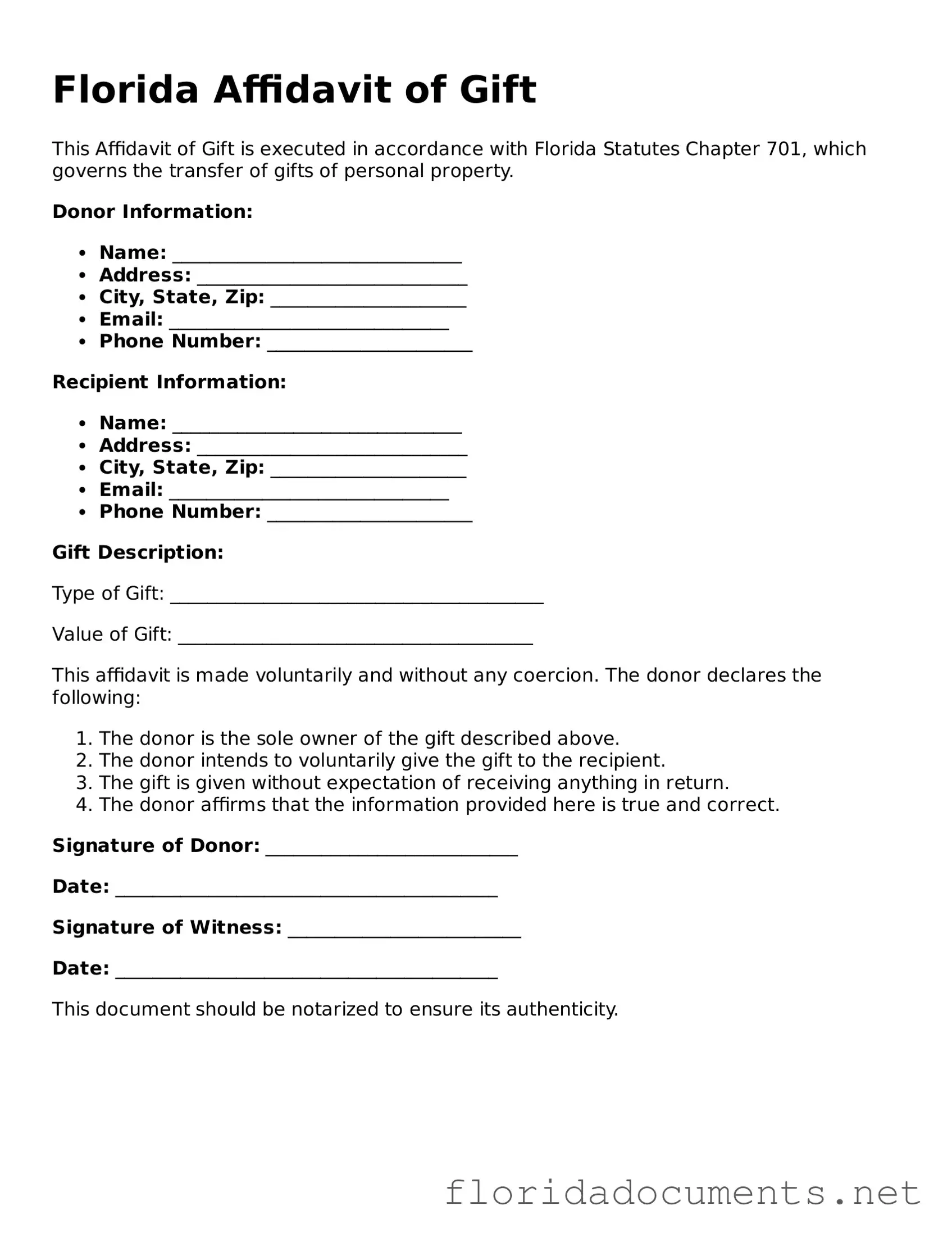 Free  Affidavit of Gift Document for Florida