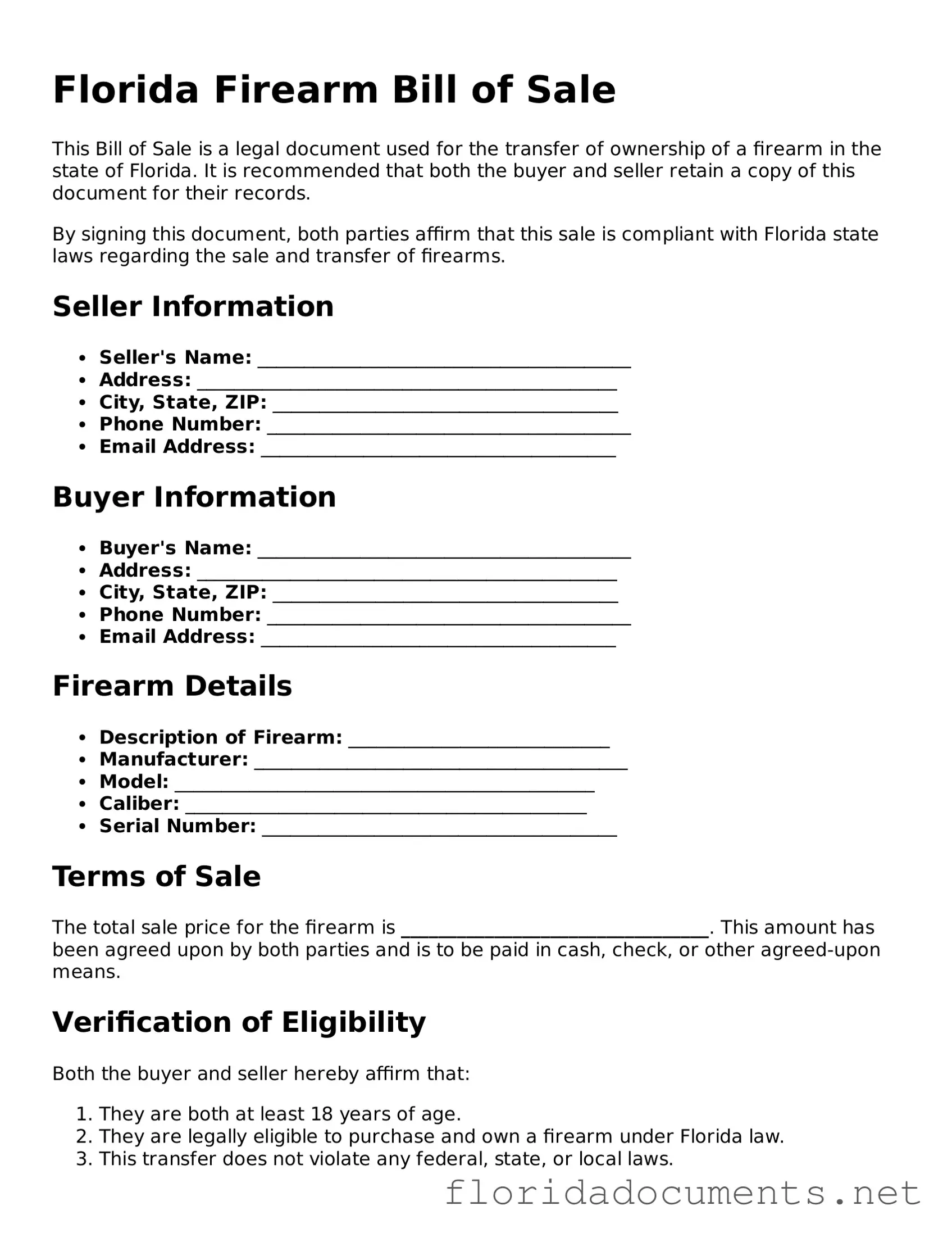 Free  Firearm Bill of Sale Document for Florida