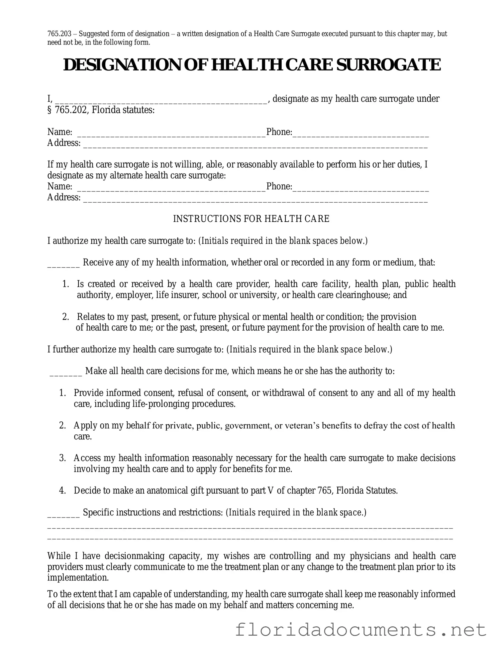 Fill in a Valid Florida Health Care Surrogate Form