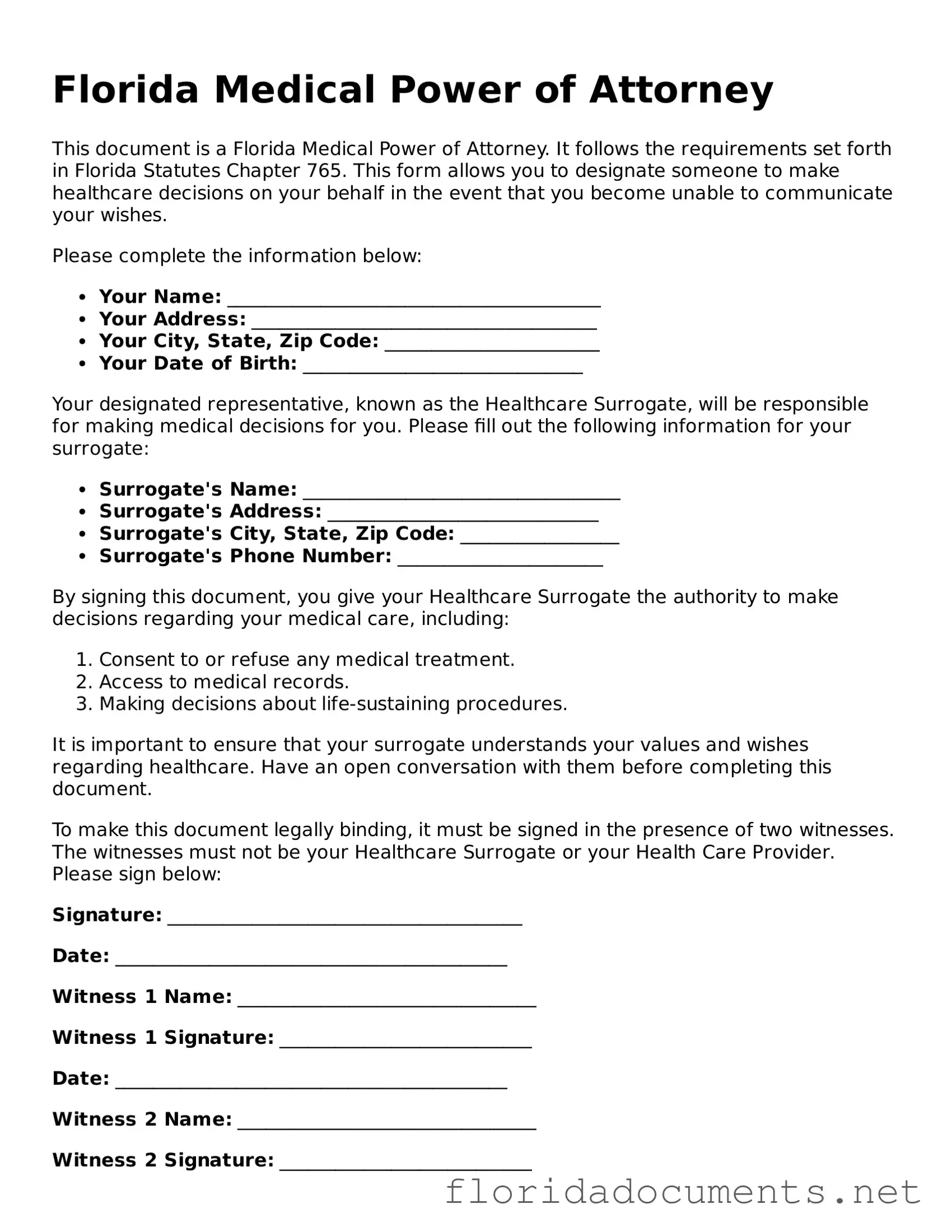 Free  Medical Power of Attorney Document for Florida