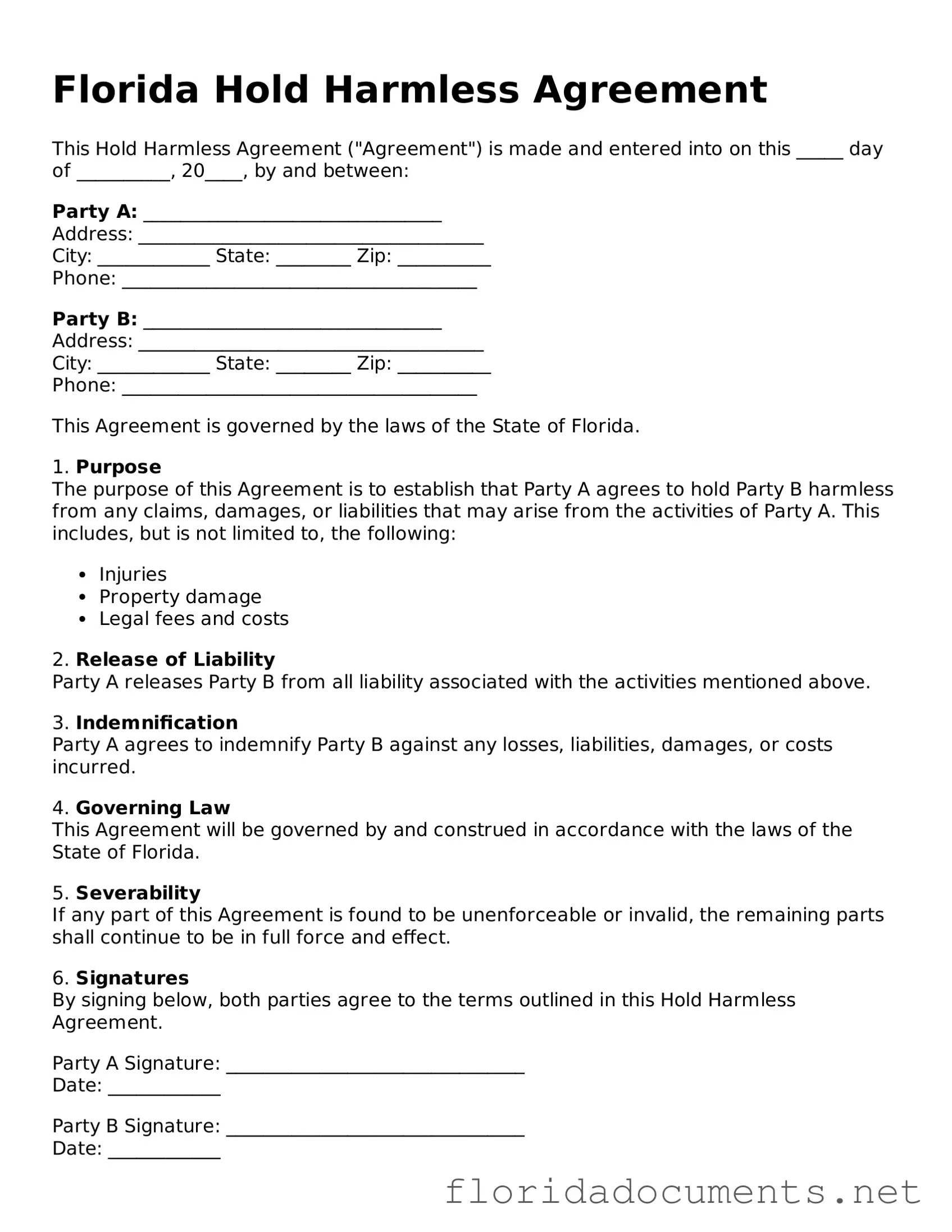 Free  Hold Harmless Agreement Document for Florida