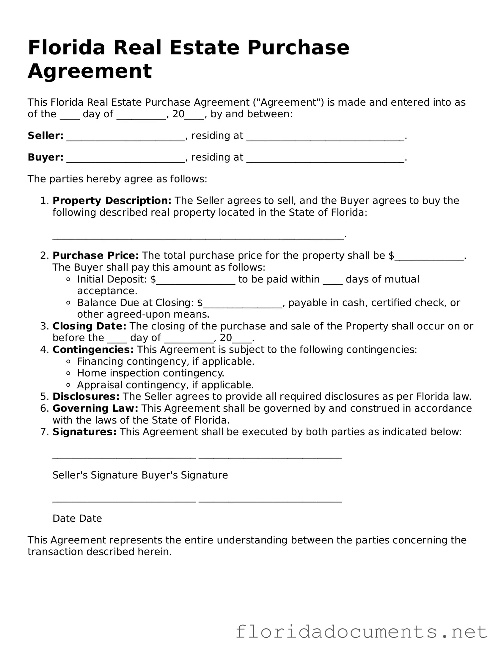 Free  Real Estate Purchase Agreement Document for Florida