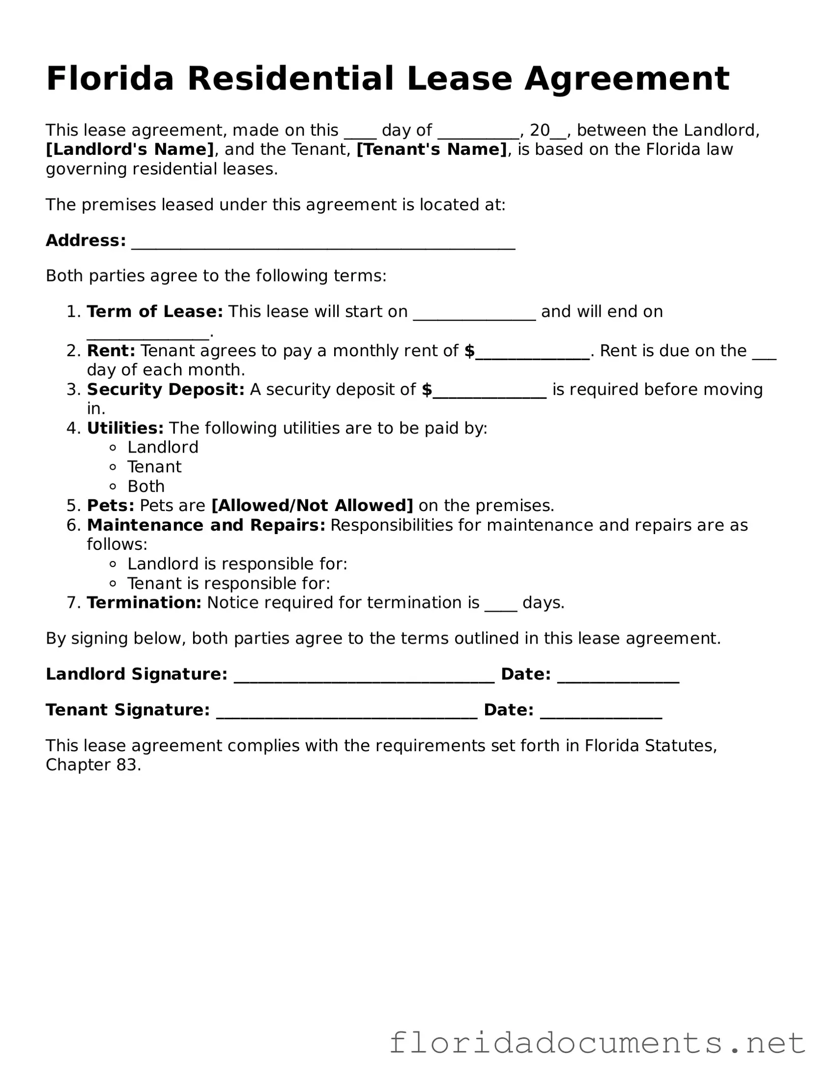 Free  Residential Lease Agreement Document for Florida