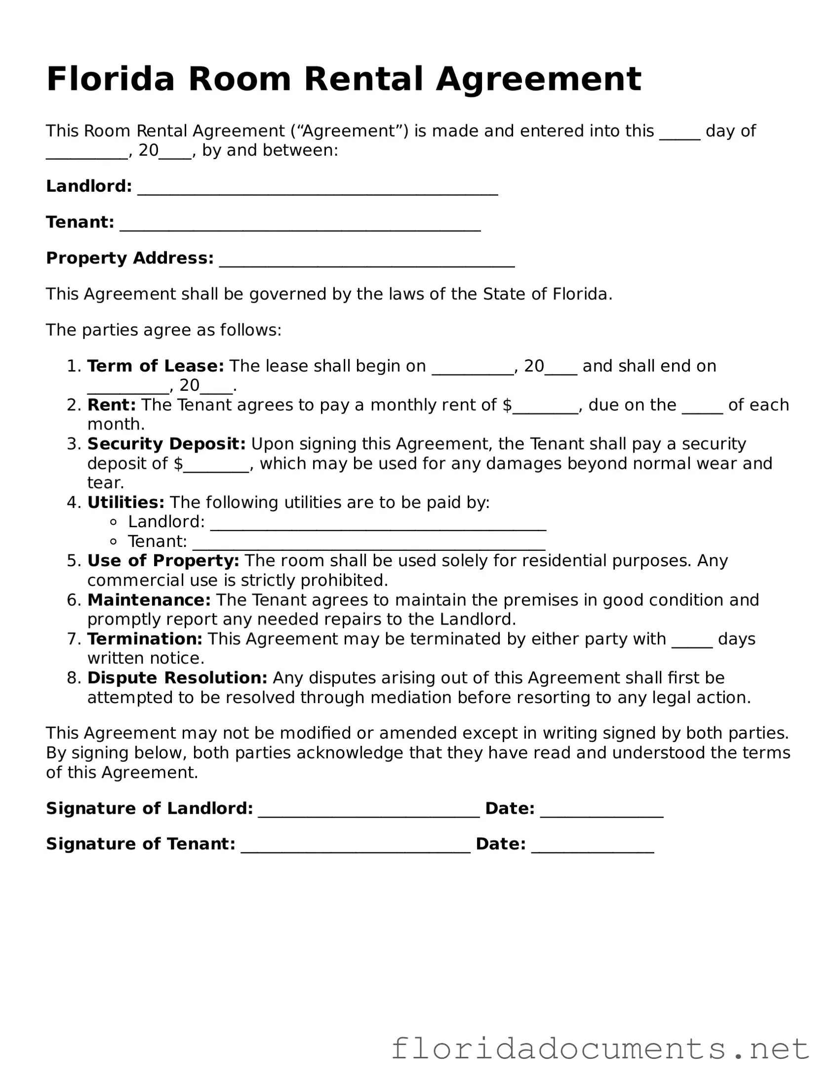 Free  Room Rental Agreement Document for Florida