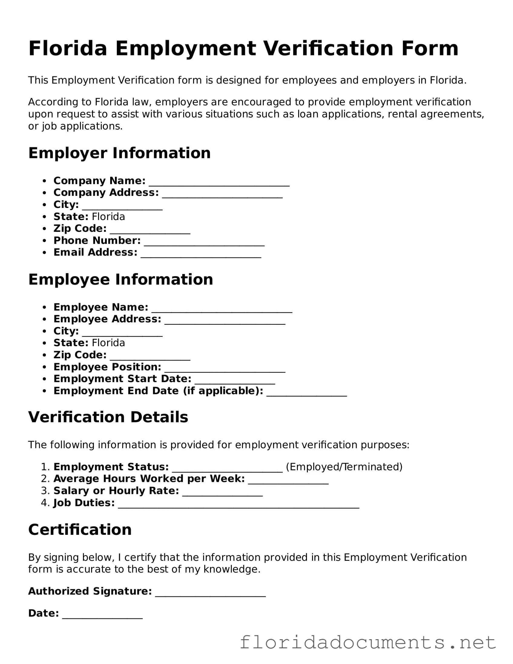 Free  Employment Verification Document for Florida