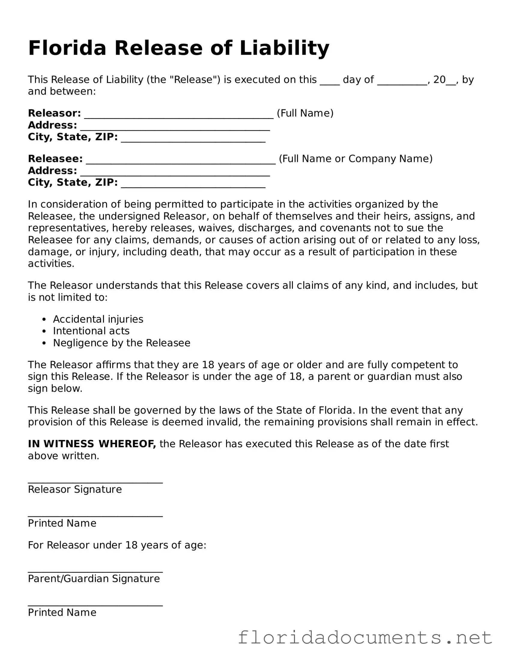 Free  Release of Liability Document for Florida