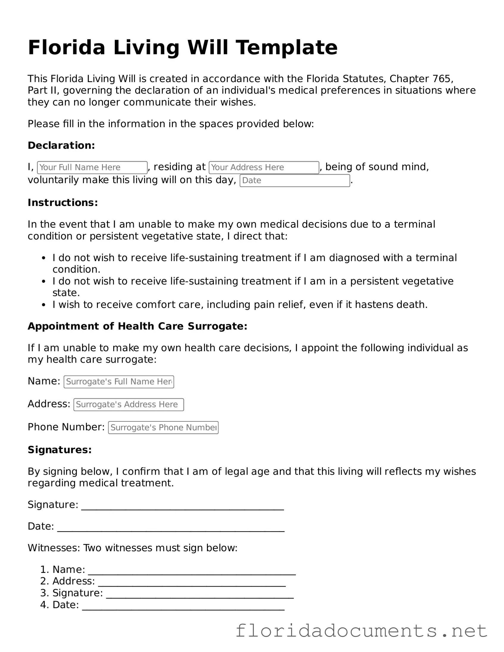 Free  Living Will Document for Florida