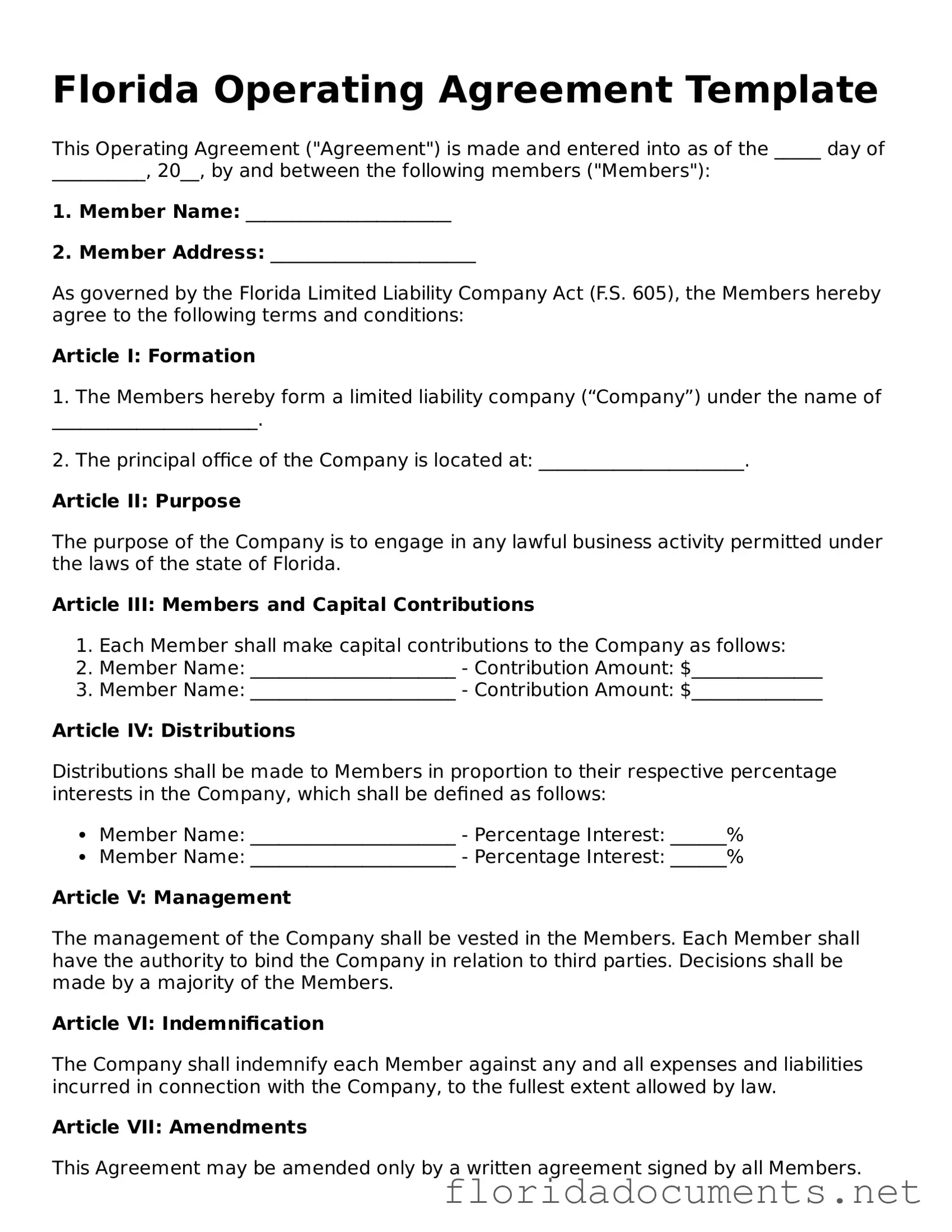 Free  Operating Agreement Document for Florida