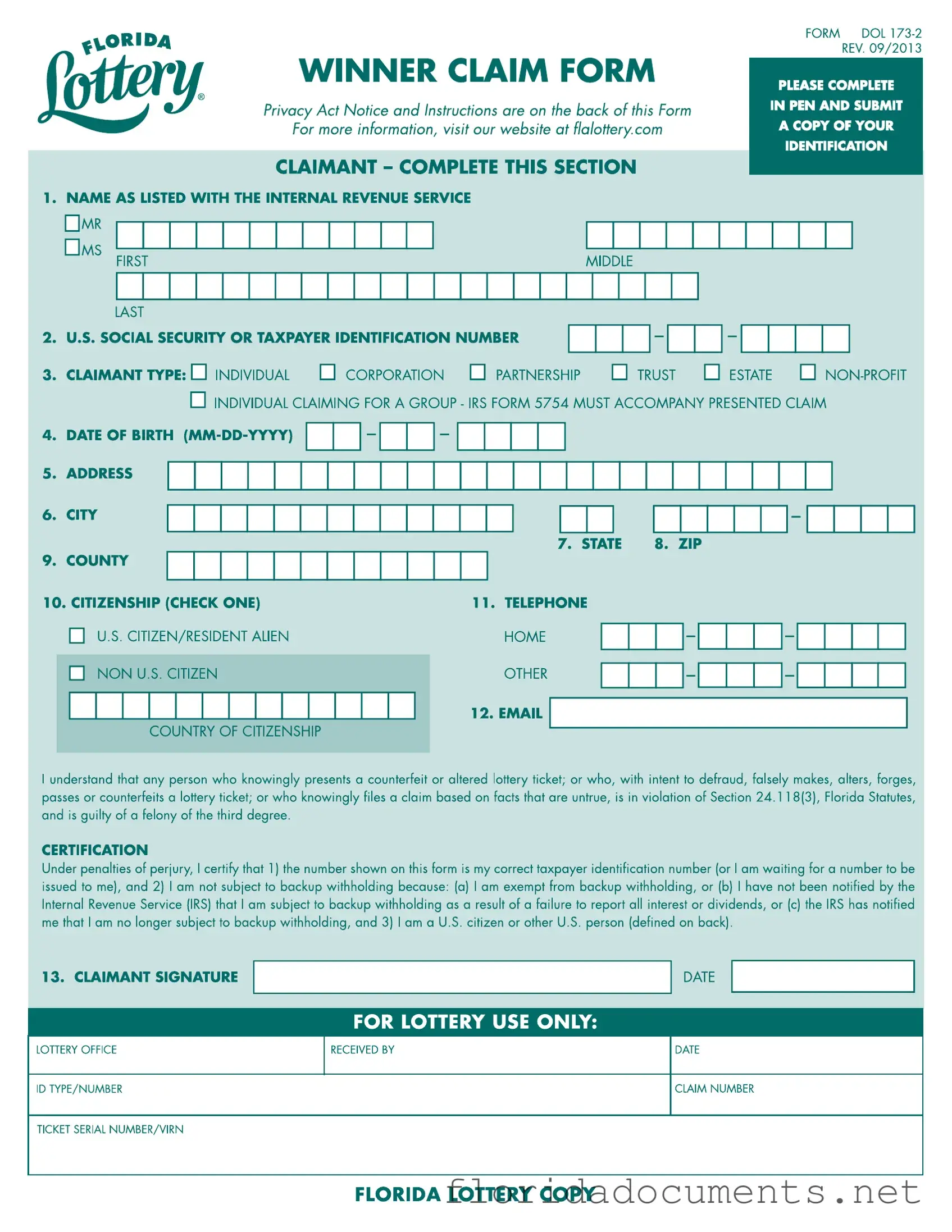 Fill in a Valid Florida Lottery Claim Form