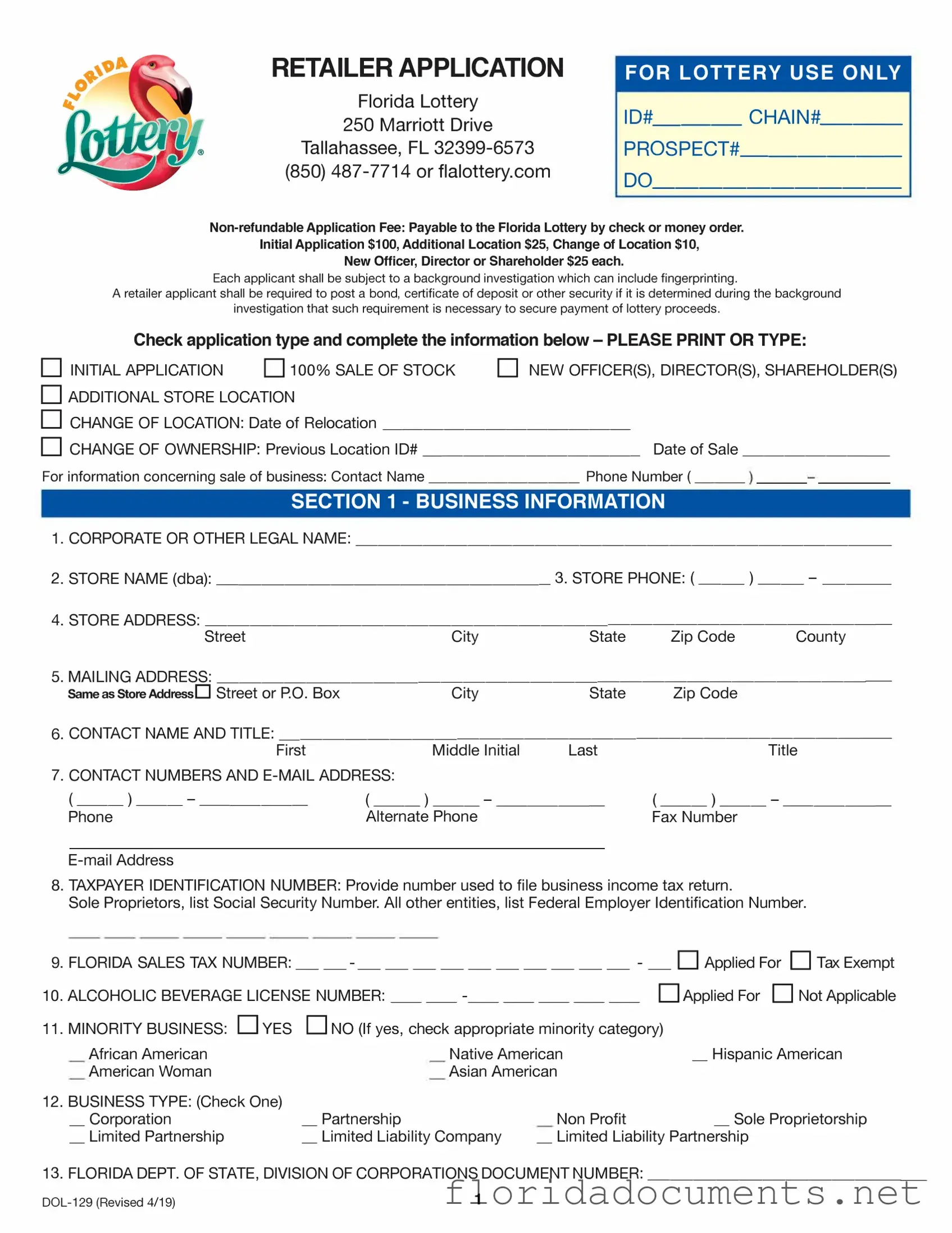 Fill in a Valid Florida Lottery Dol 129 Form