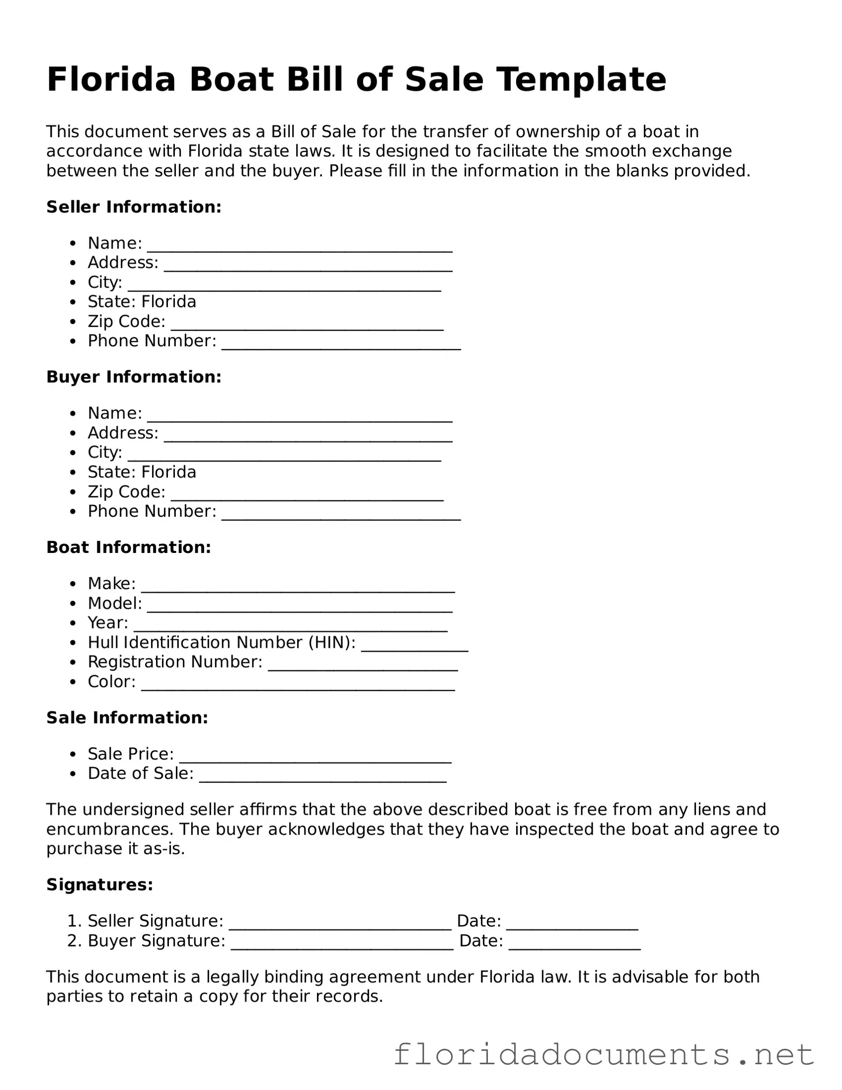 Free  Boat Bill of Sale Document for Florida