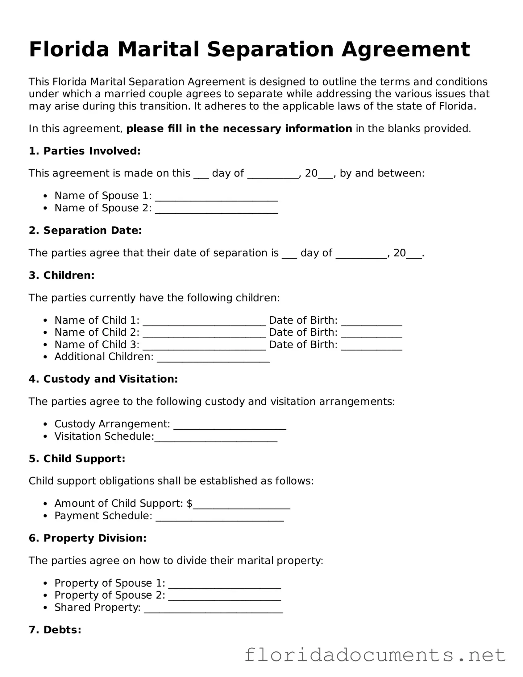 Free  Marital Separation Agreement Document for Florida