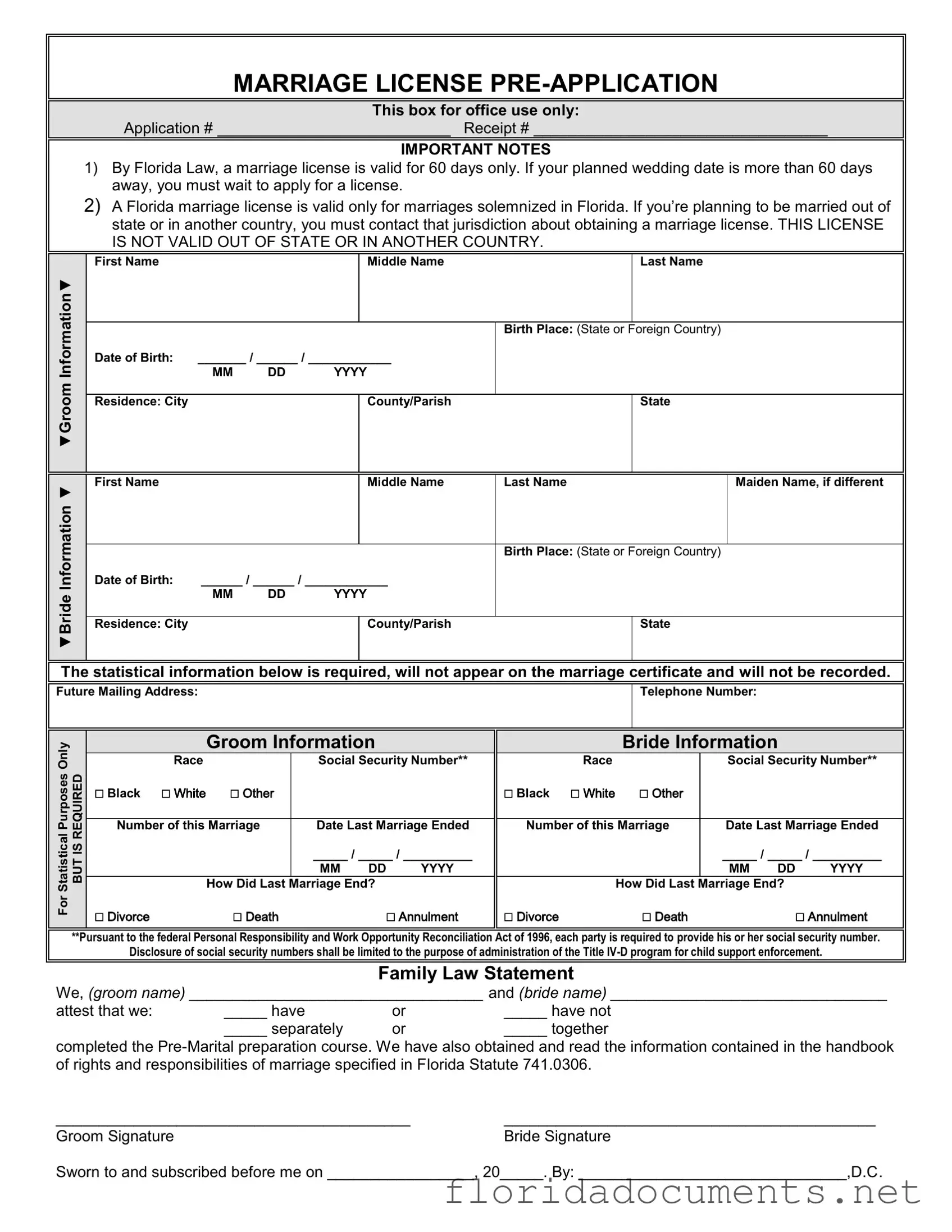 Fill in a Valid Florida Marriage Application Form