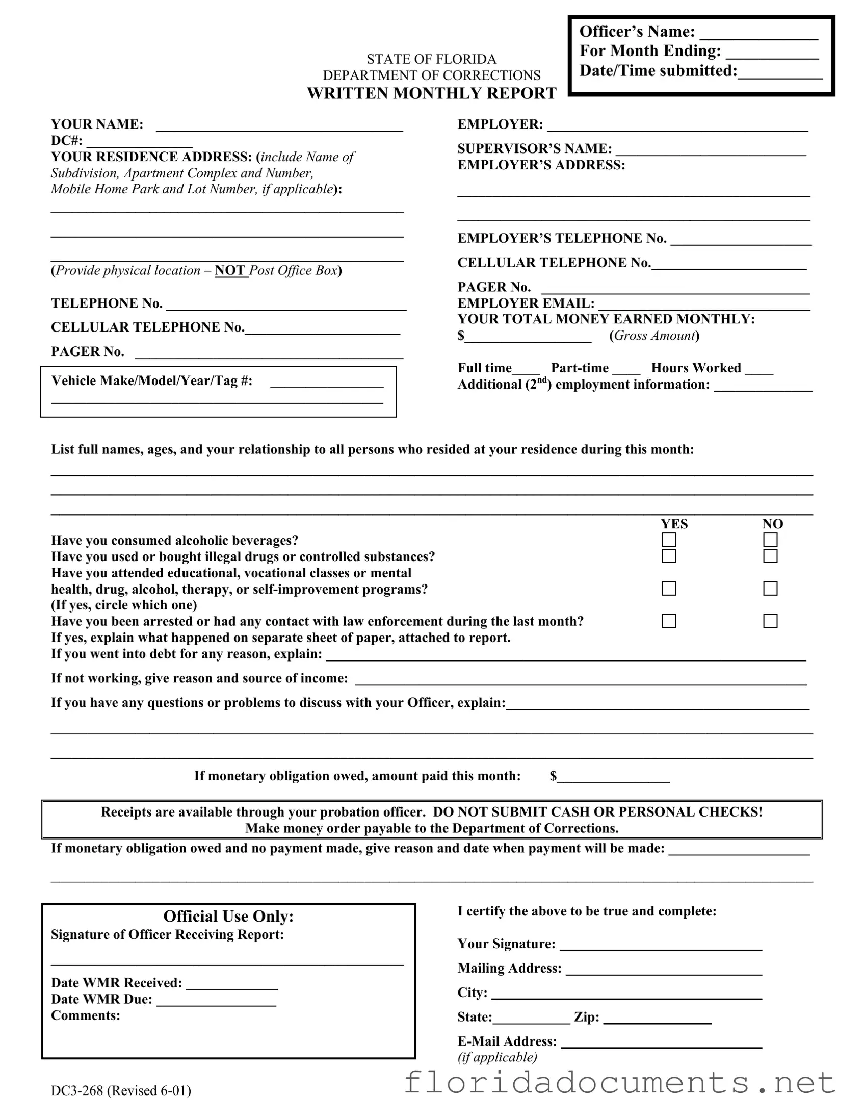 Fill in a Valid Florida Monthly Report Form